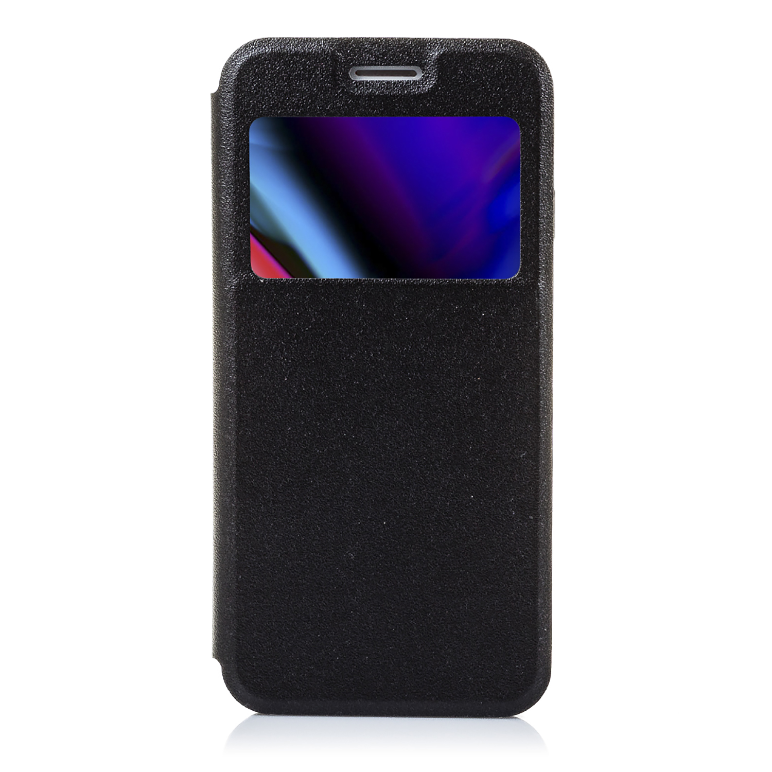 Custodia per telefono nera con finestra che mostra uno schermo con immagini colorate.