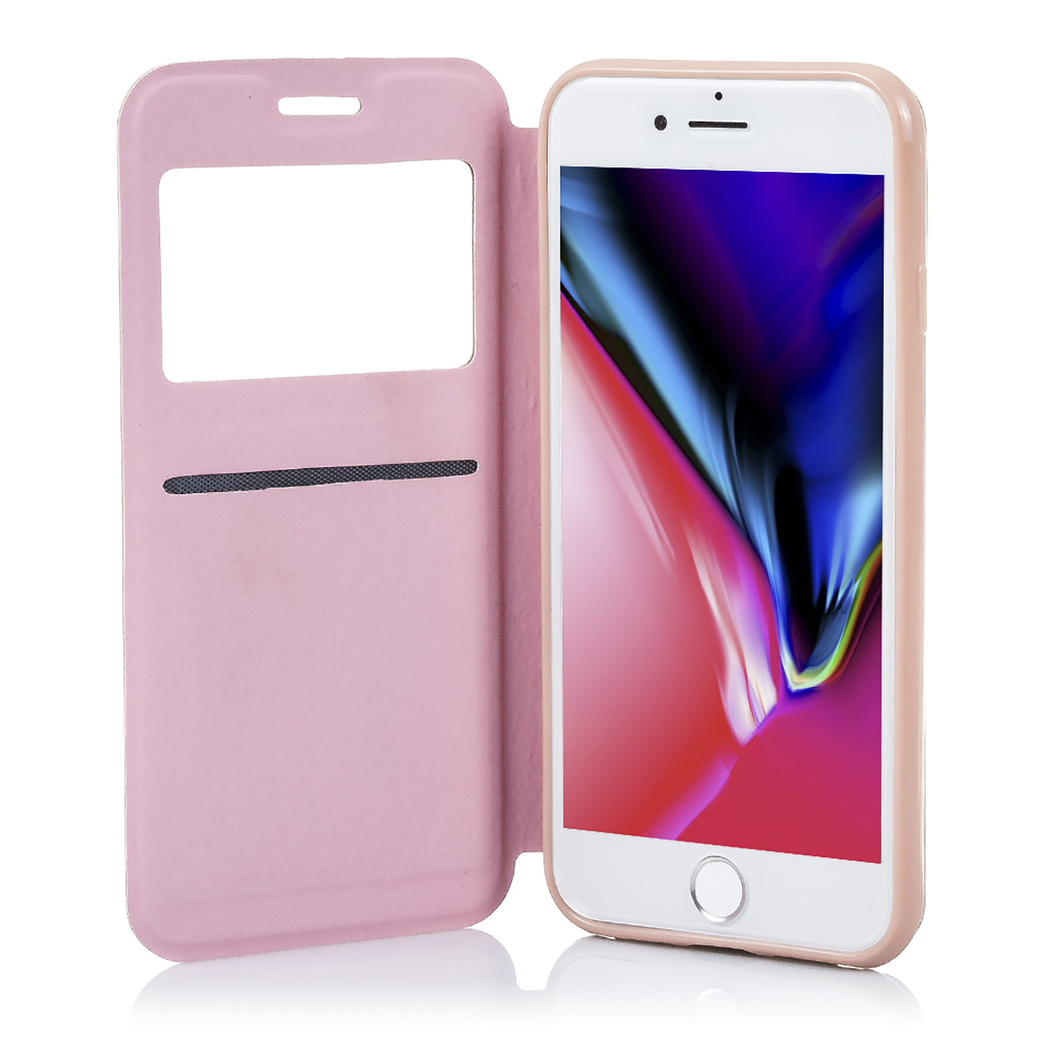 Una custodia rosa per telefono aperta, che rivela un telefono con uno schermo rosa e bianco.