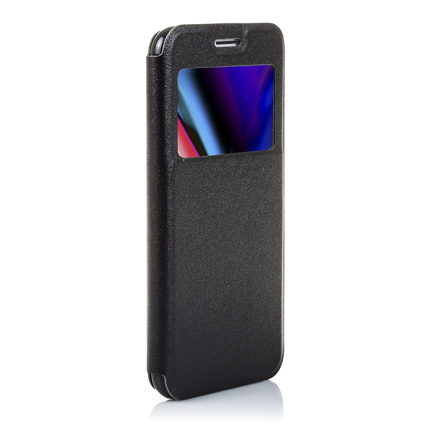 Custodia nera per telefono con finestra che mostra schermo colorato. Superficie strutturata.