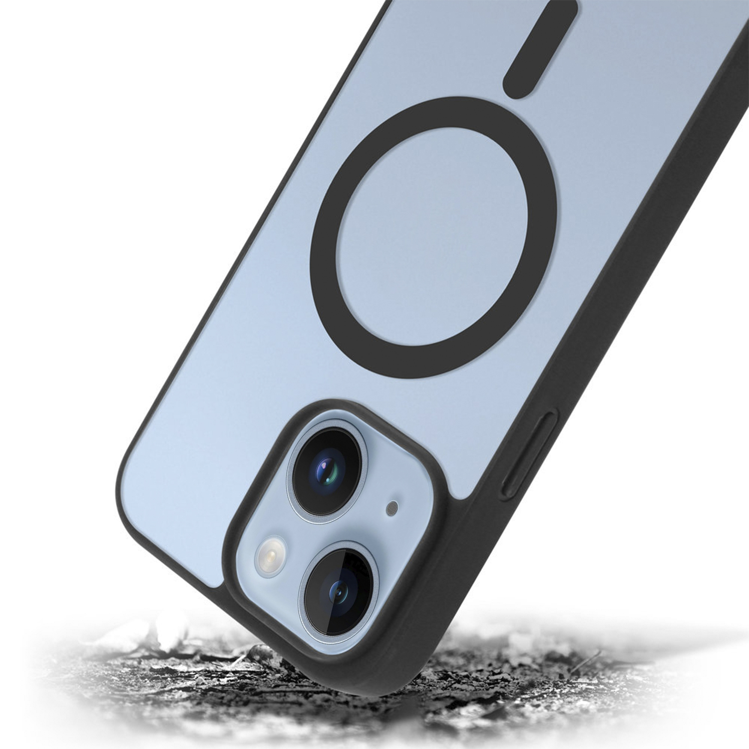 Eine schwarze Handyhülle auf einem hellblauen Telefon, zeigt einen schwarzen Ring auf der Rückseite.