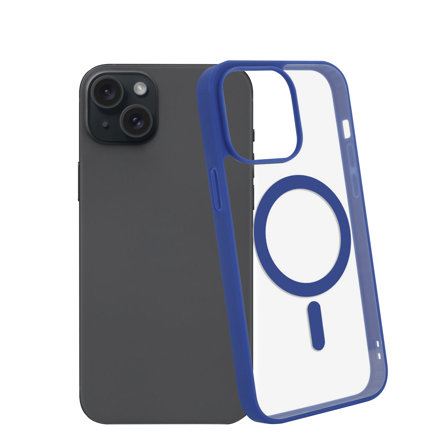 Ein Telefon mit einer blauen Hülle. Die Hülle ist transparent und blau. Das Telefon ist schwarz.