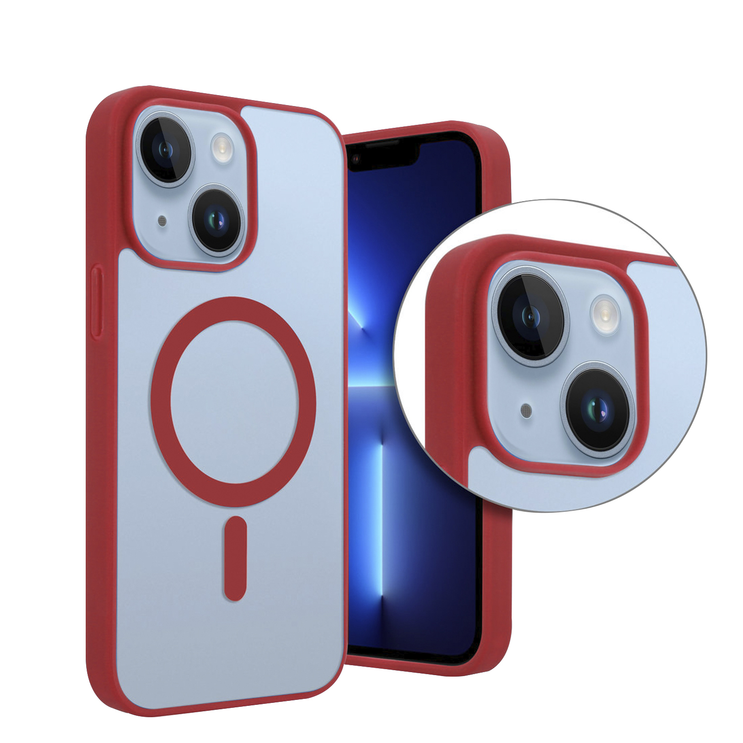 Rote Handyhülle mit einem hellblauen Telefon.