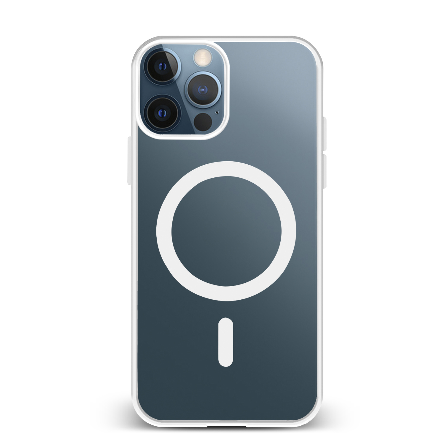 Custodia per telefono con magnete circolare bianco e retro sfumato blu-verde, su bianco.