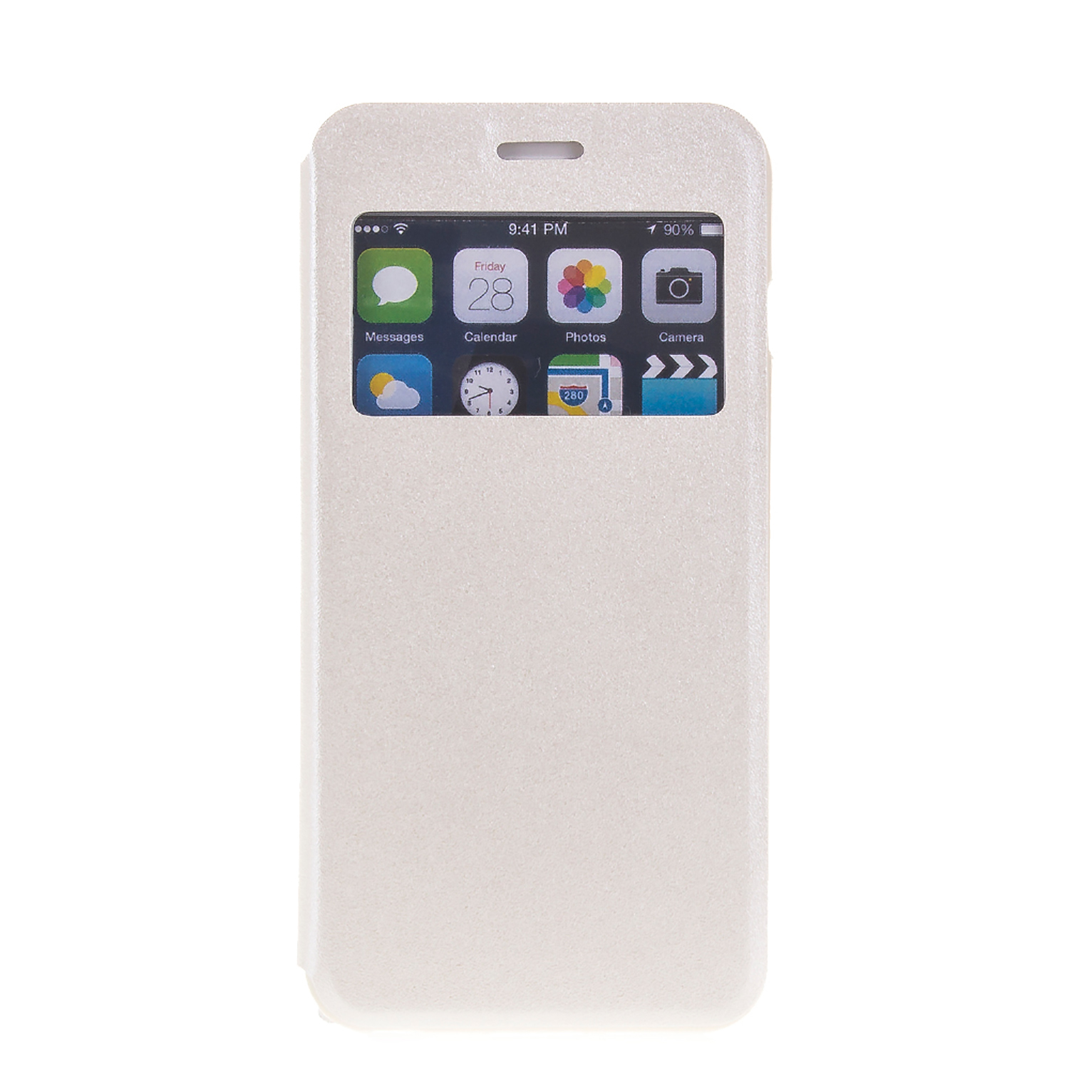 Funda blanca para teléfono con pantalla mostrando aplicaciones y hora. Fondo blanco.