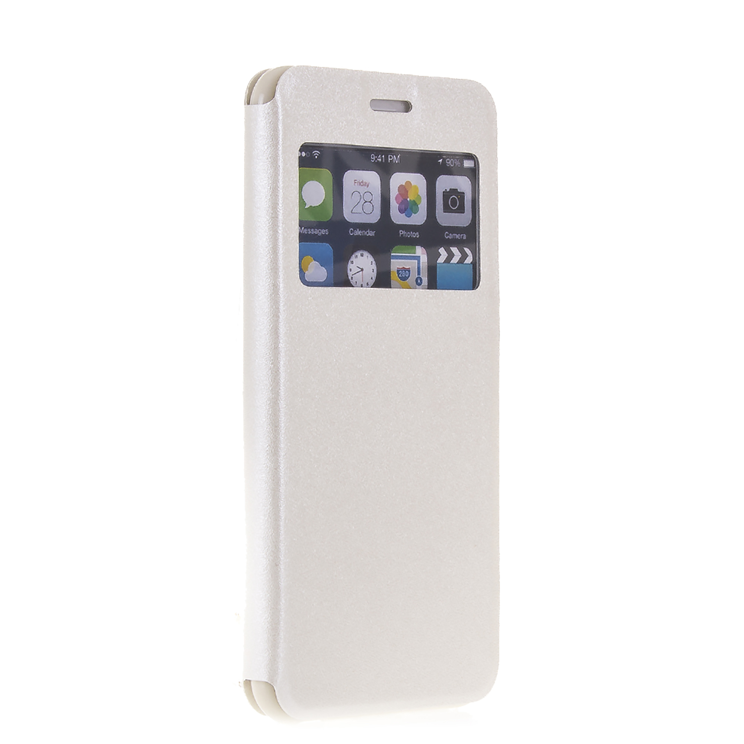 Funda blanca de teléfono con pantalla que muestra hora, iconos y lente de cámara en la parte superior.