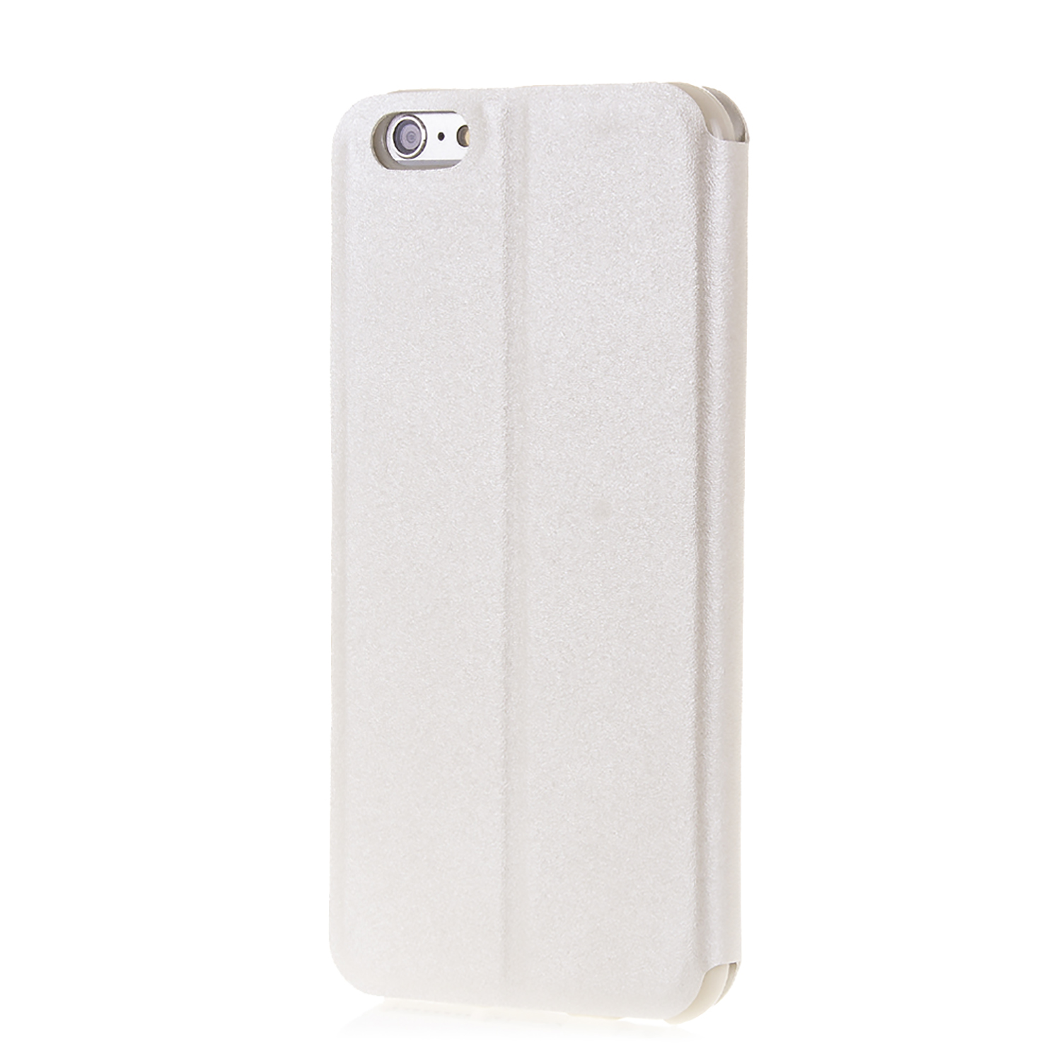 Funda blanca para teléfono, cerrada, con orificio para cámara en la parte superior. Superficie plana, diseño simple.