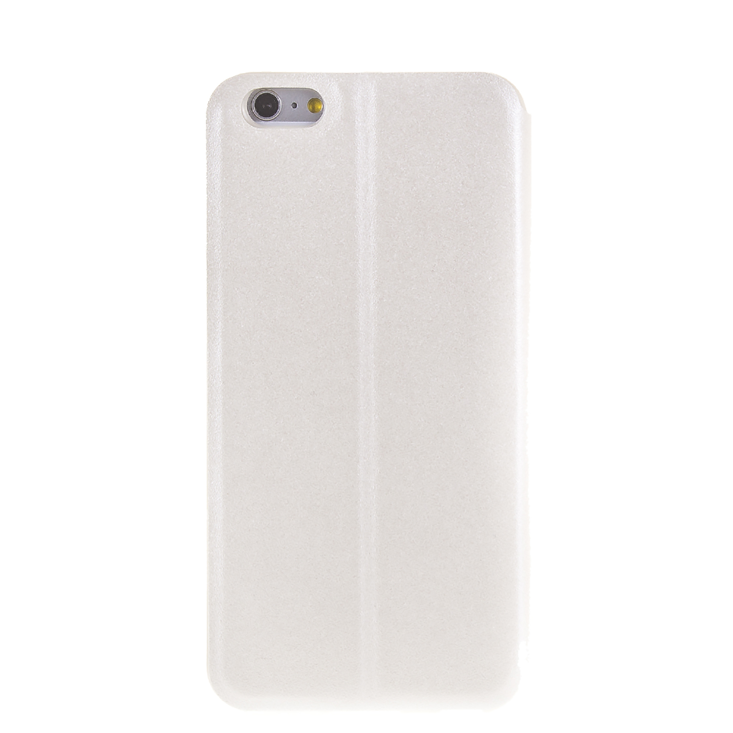 Funda de teléfono blanca con agujero para cámara. Cerrada y superficie lisa.