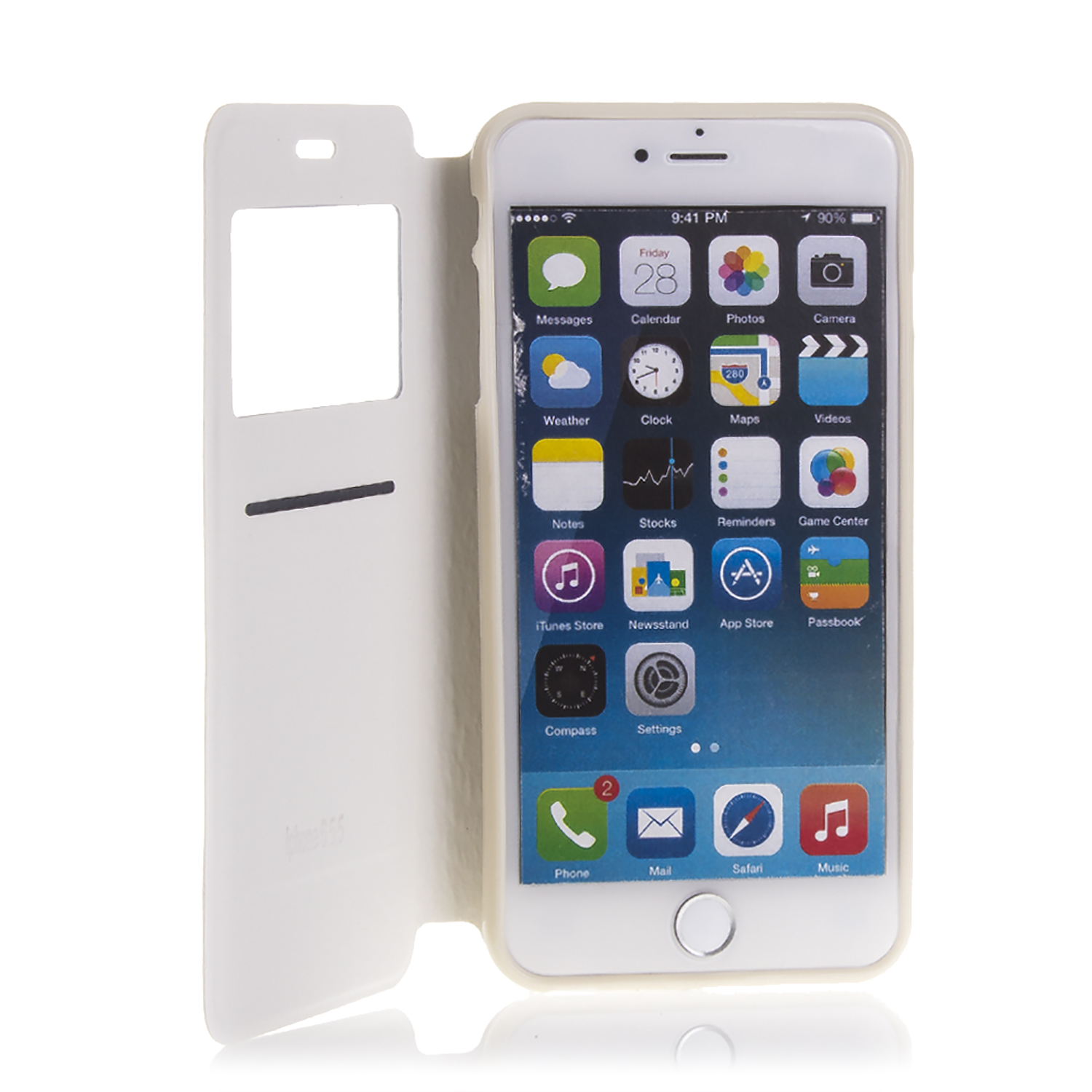Un iPhone dentro de una funda blanca con una ventana abierta que muestra la pantalla.