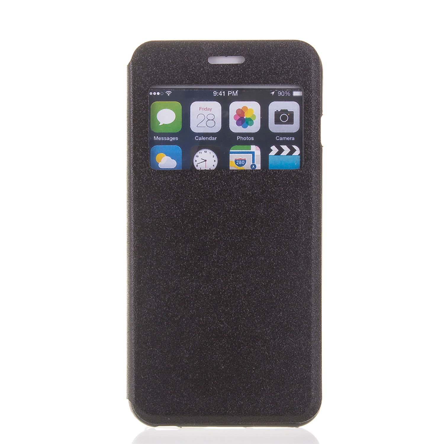 Funda negra para teléfono que muestra la pantalla con aplicaciones. La pantalla muestra la hora y los iconos.