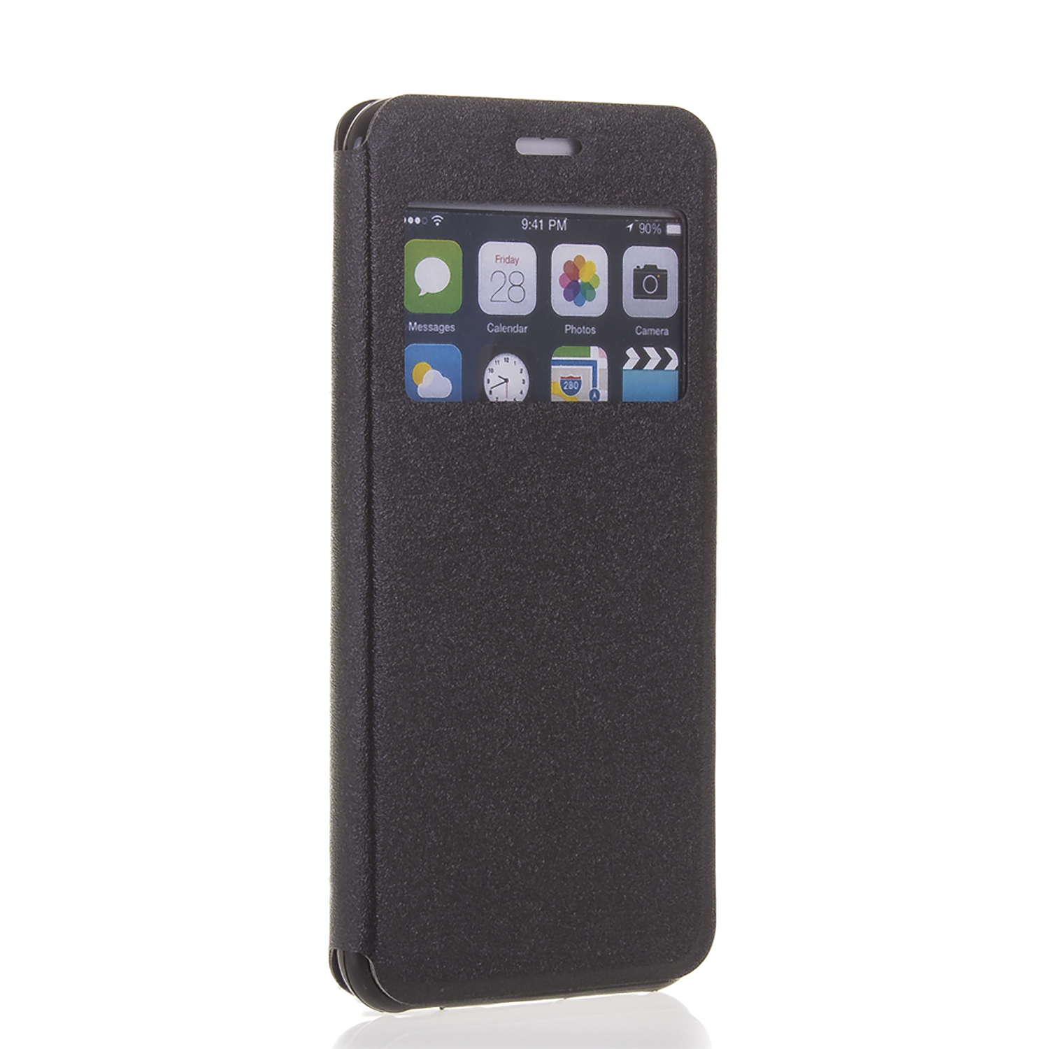 Un teléfono negro en una funda que muestra la pantalla de inicio con iconos de aplicaciones y la hora.