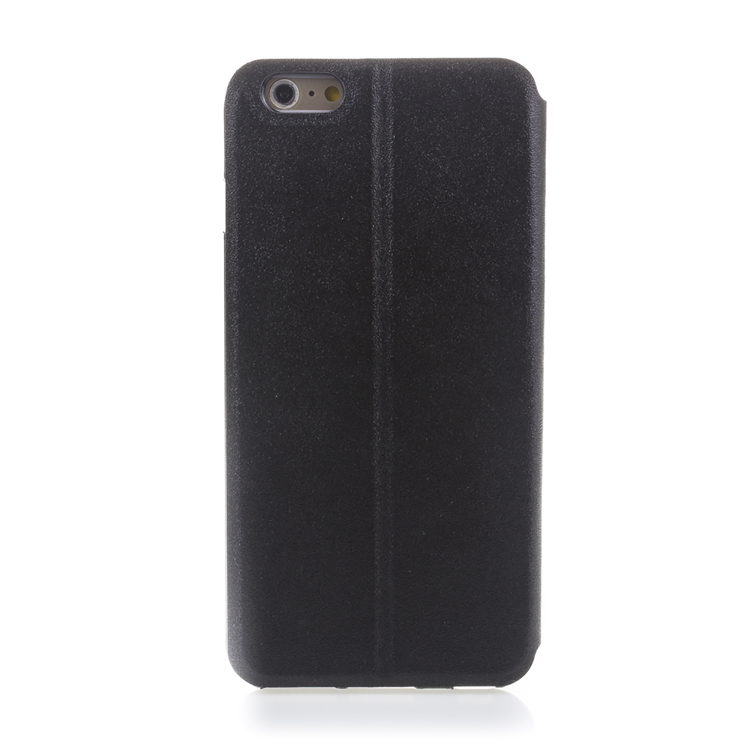 Funda de teléfono negra cerrada. Agujero de cámara en la parte superior, diseño limpio. Textura suave.