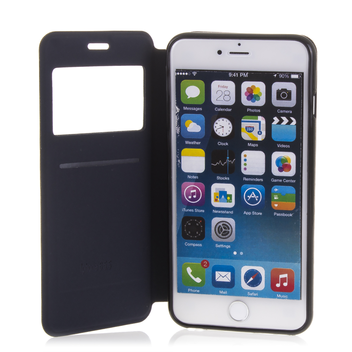 Funda de teléfono abierta con un teléfono dentro. El teléfono muestra una pantalla de inicio con iconos de aplicaciones.