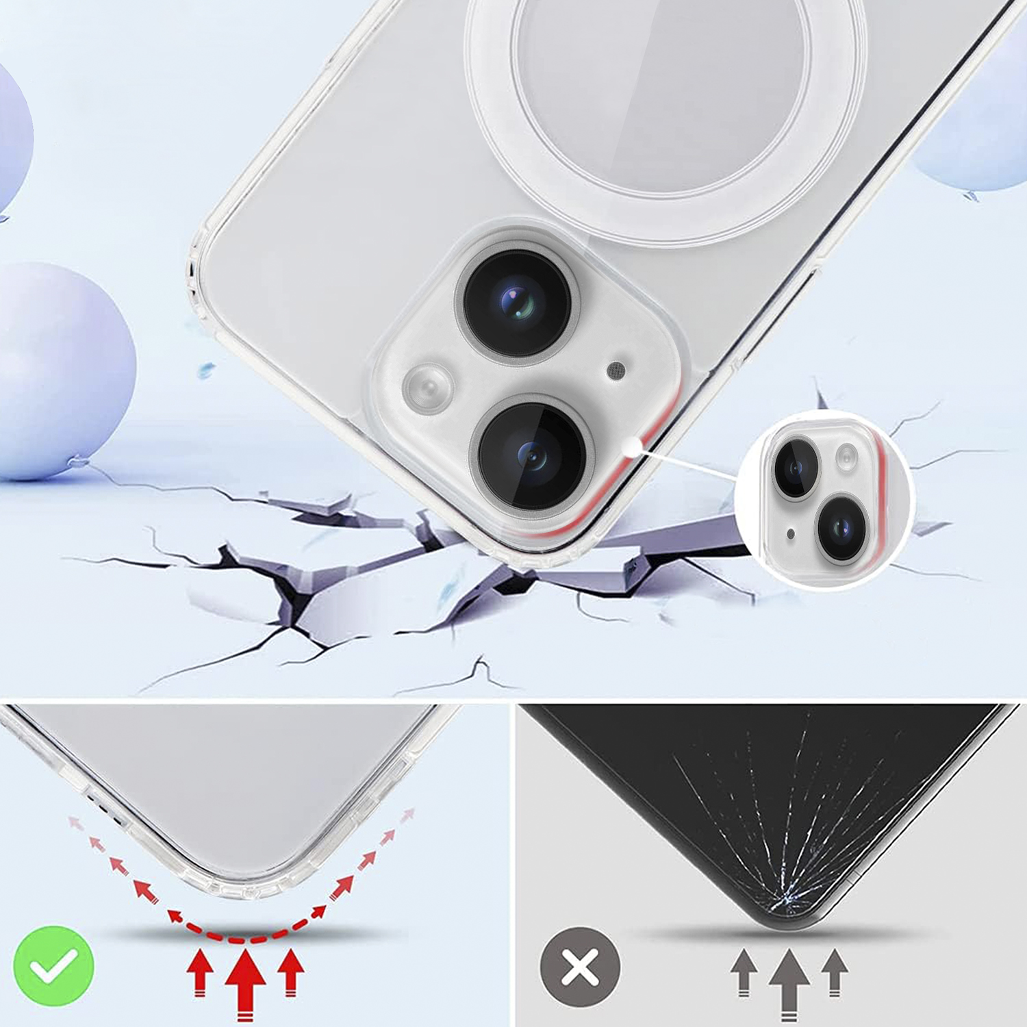 Custodia per telefono con retro trasparente e un anello bianco. Il telefono è protetto dalla custodia.