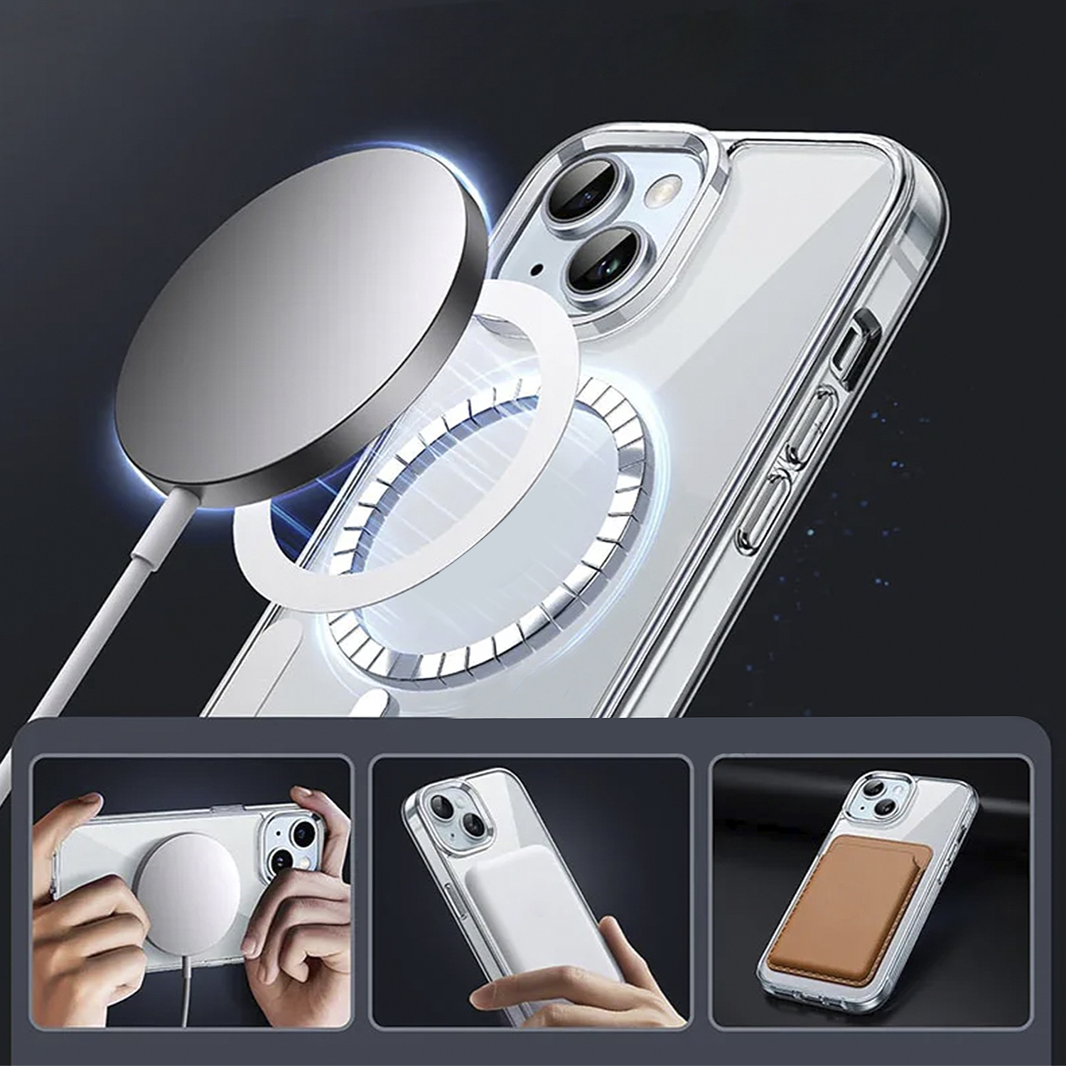 Una custodia per telefono con attacco magnetico e tre immagini aggiuntive che mostrano scenari di utilizzo.