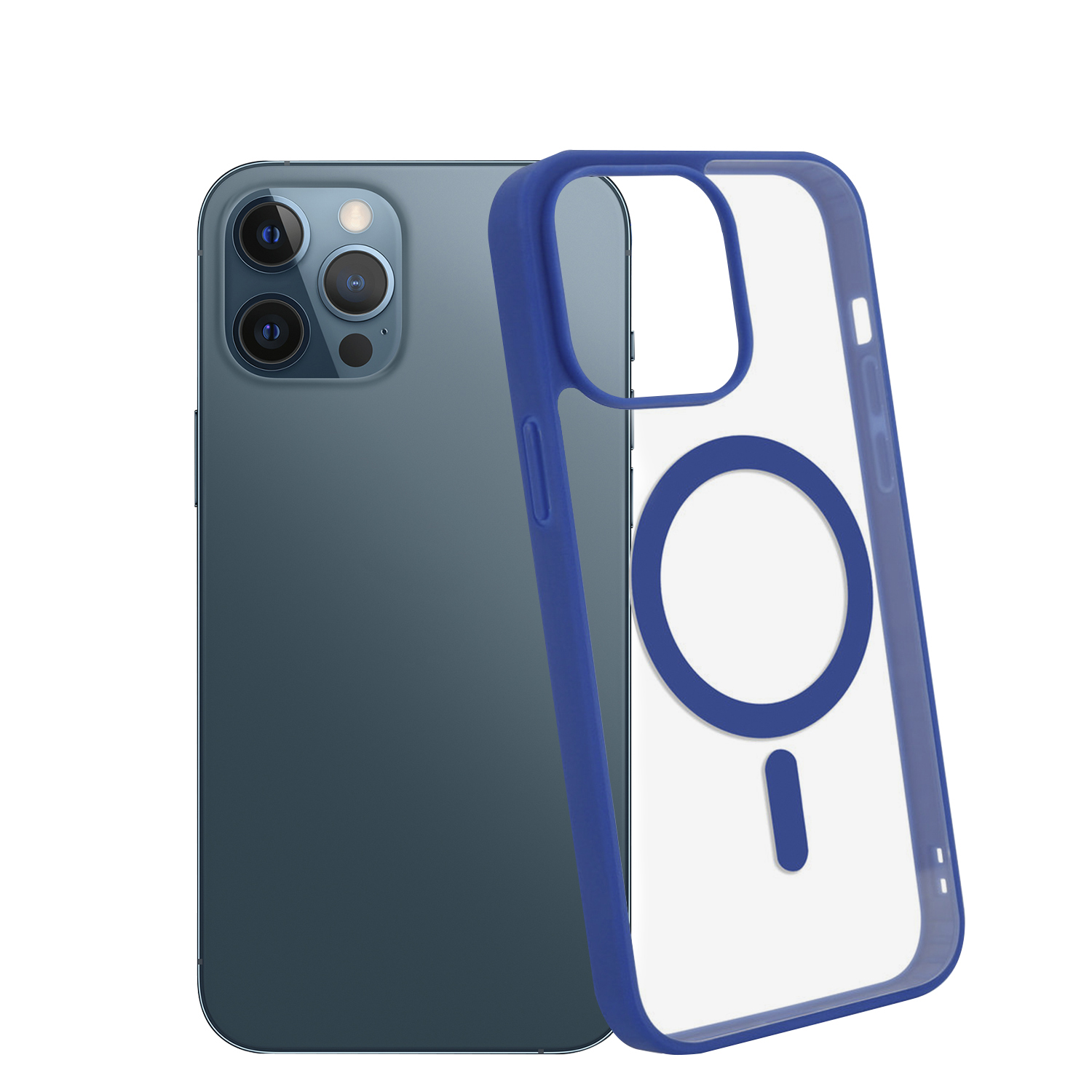 Telefon mit blauem Rücken und einer transparenten, blau umrandeten Hülle. Die Hülle liegt daneben.