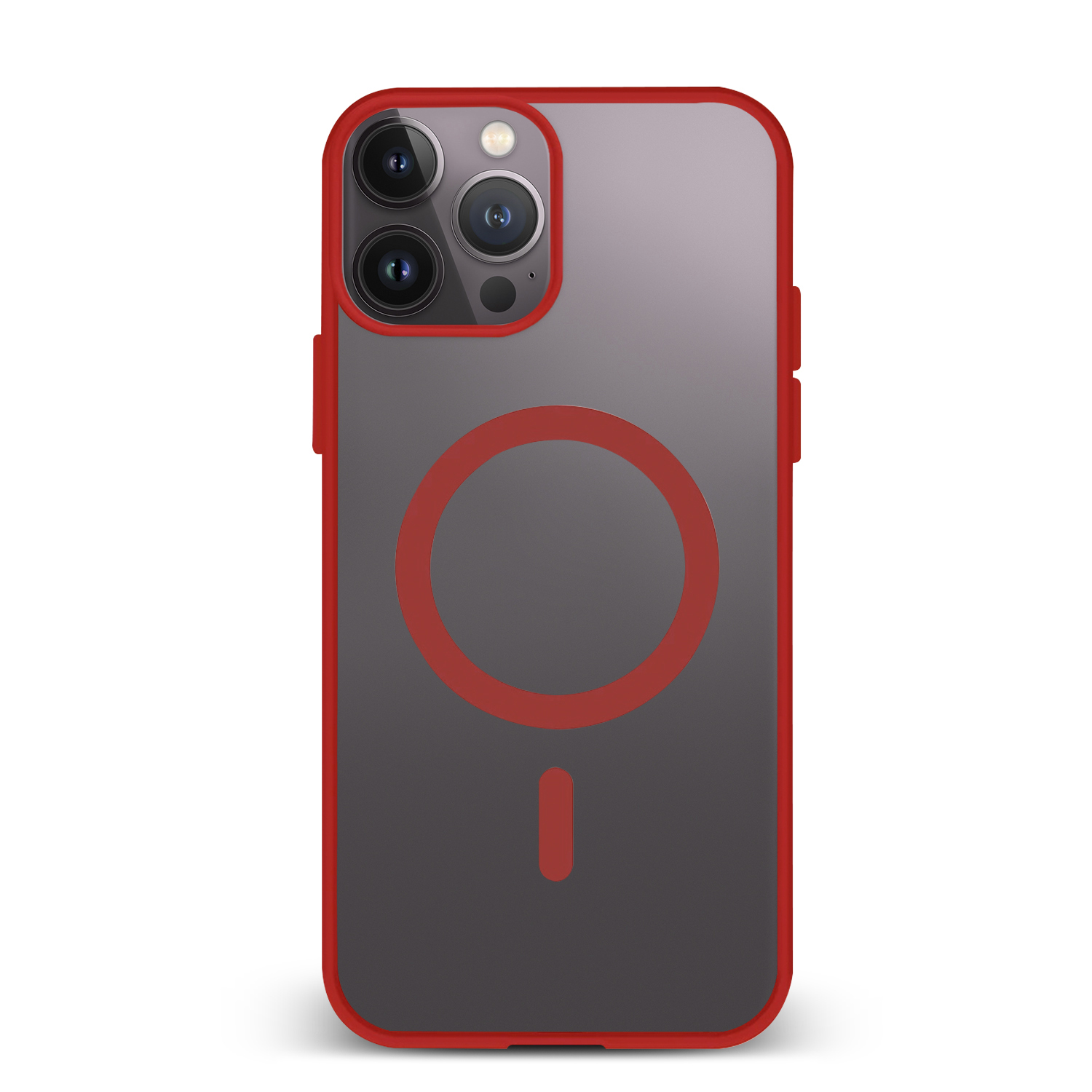 Custodia per telefono nera e rossa. Cerchio e linea rossi sul retro. Tre lenti della fotocamera.