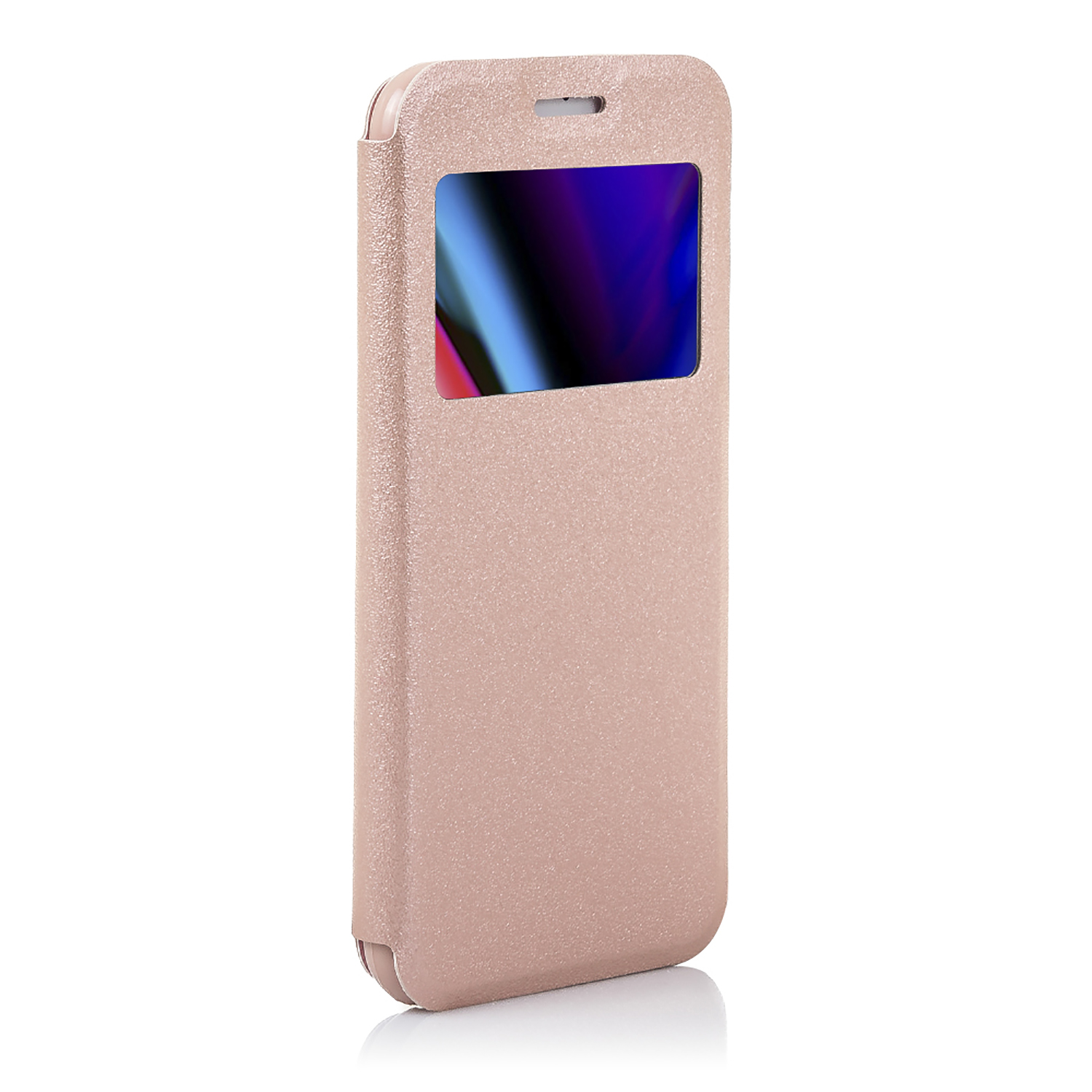 Custodia rosa per telefono con finestra. La finestra mostra un display sfocato.