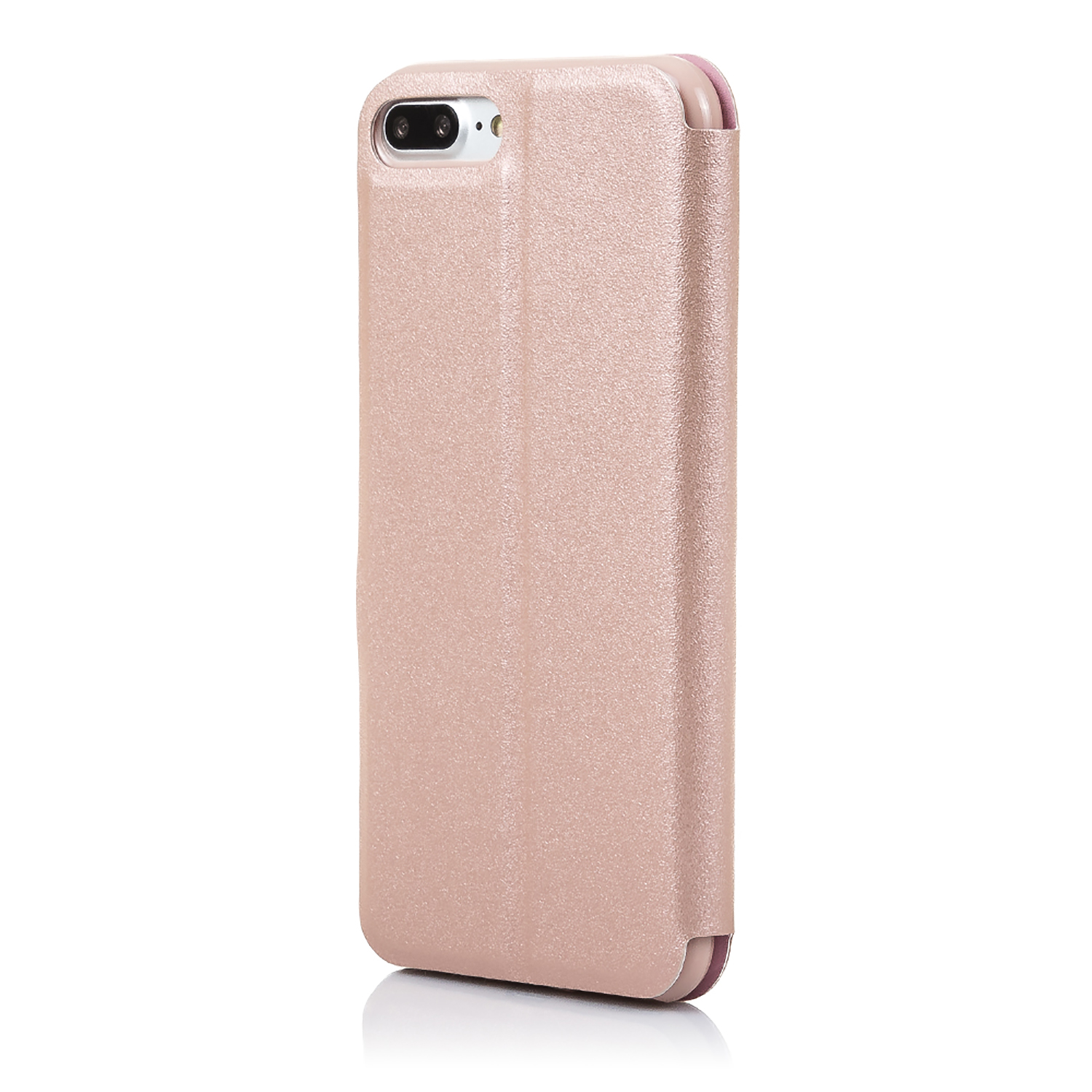 Una custodia rosa per telefono, chiusa e in posizione verticale su una superficie bianca.