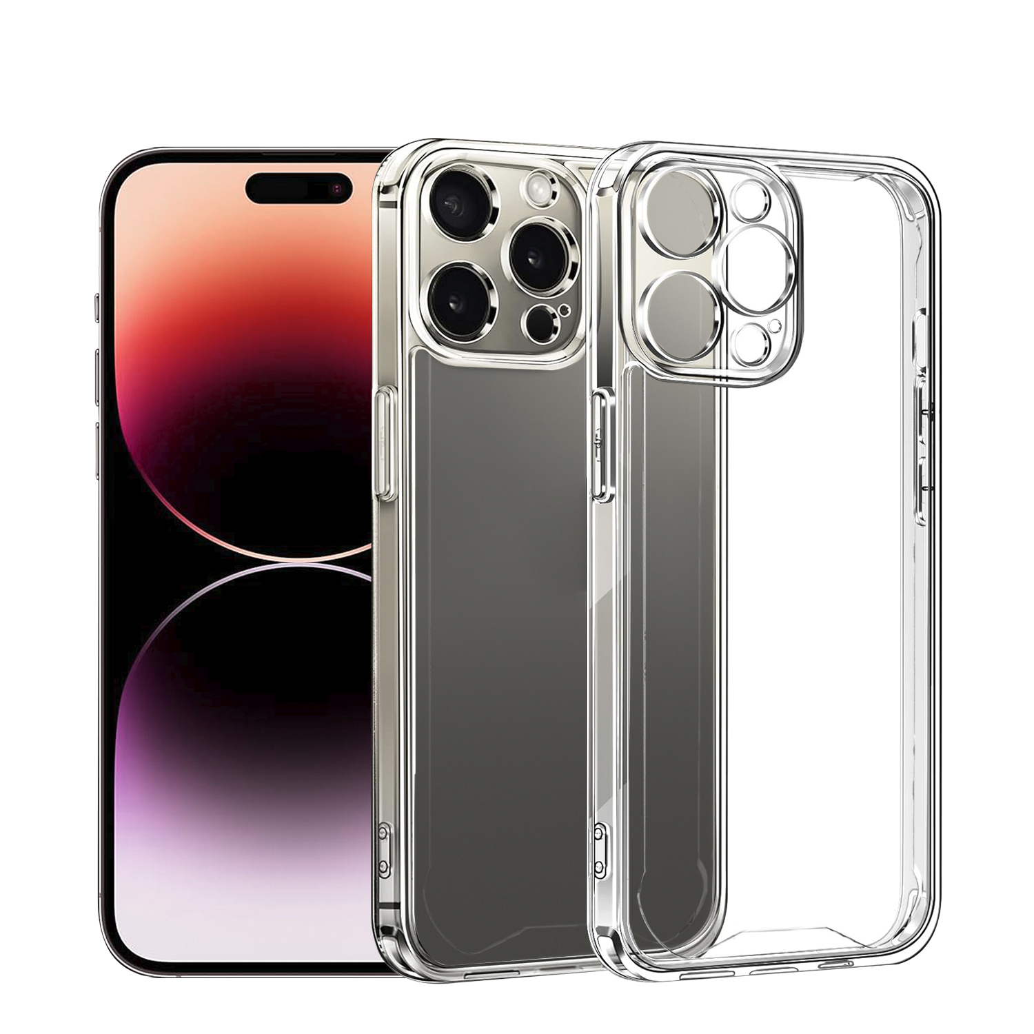 Tre telefoni e due custodie, un telefono con sfumatura rossa, custodia trasparente.