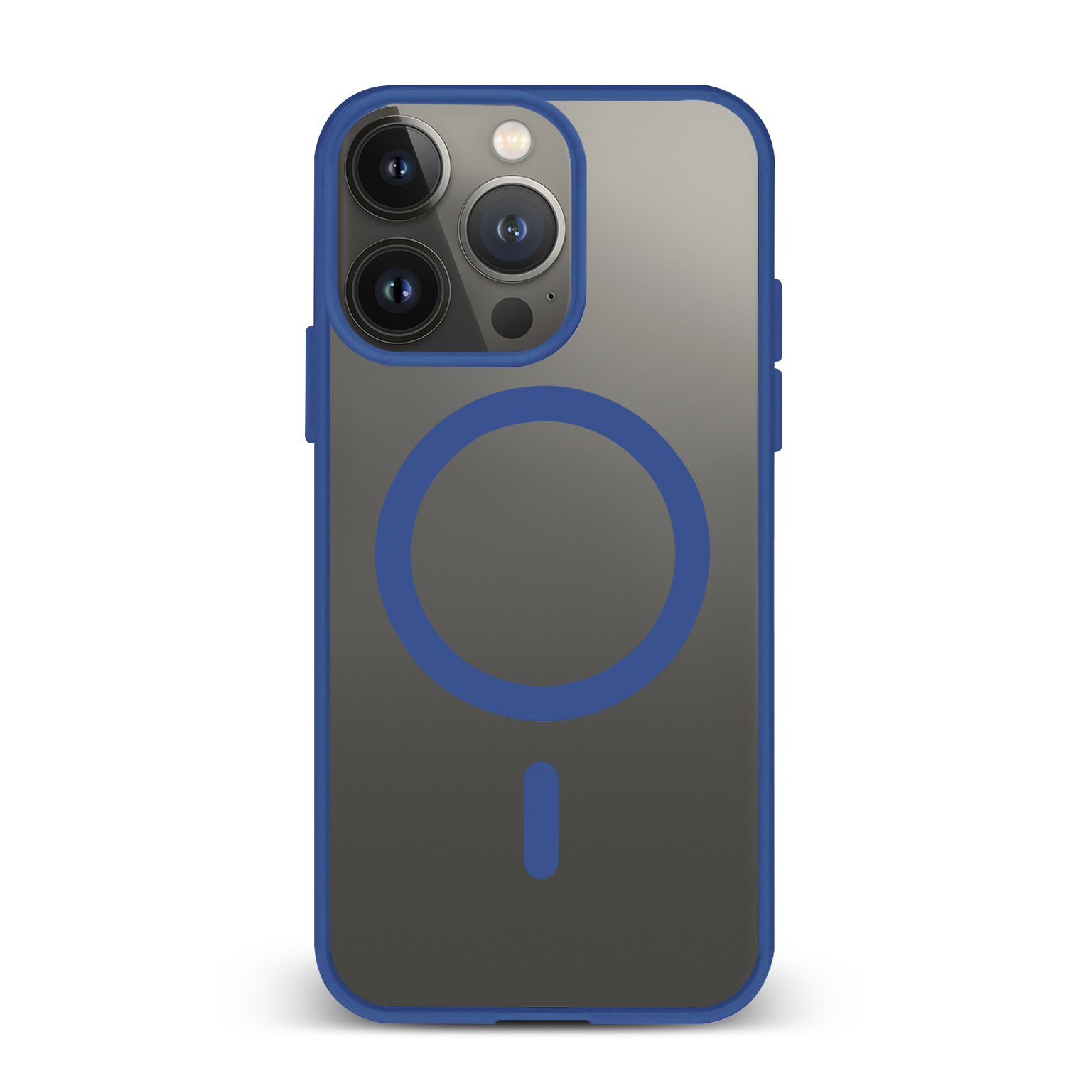 Custodia iPhone: cornice blu e retro trasparente con cerchio blu.