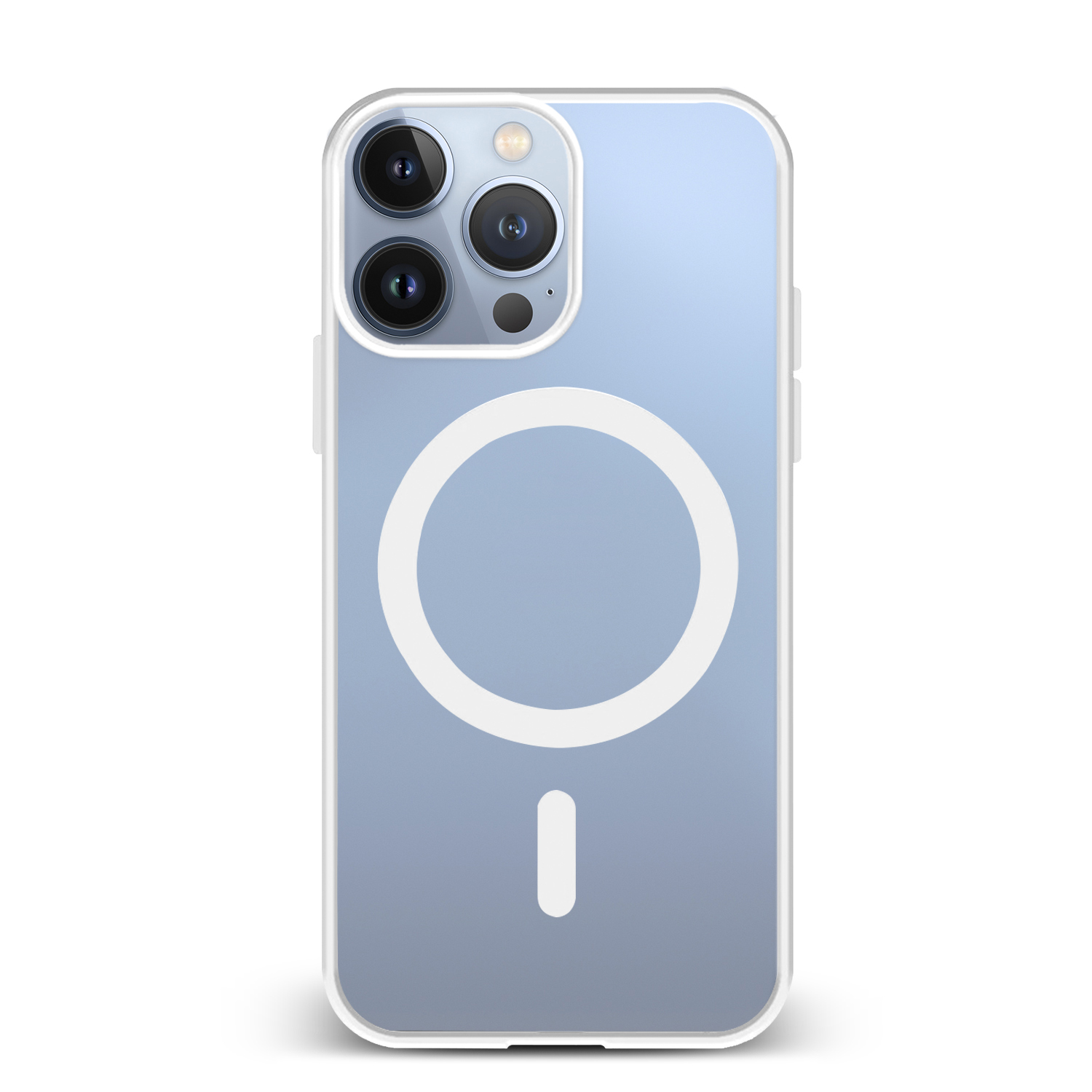 Custodia trasparente per telefono con un telefono azzurro.