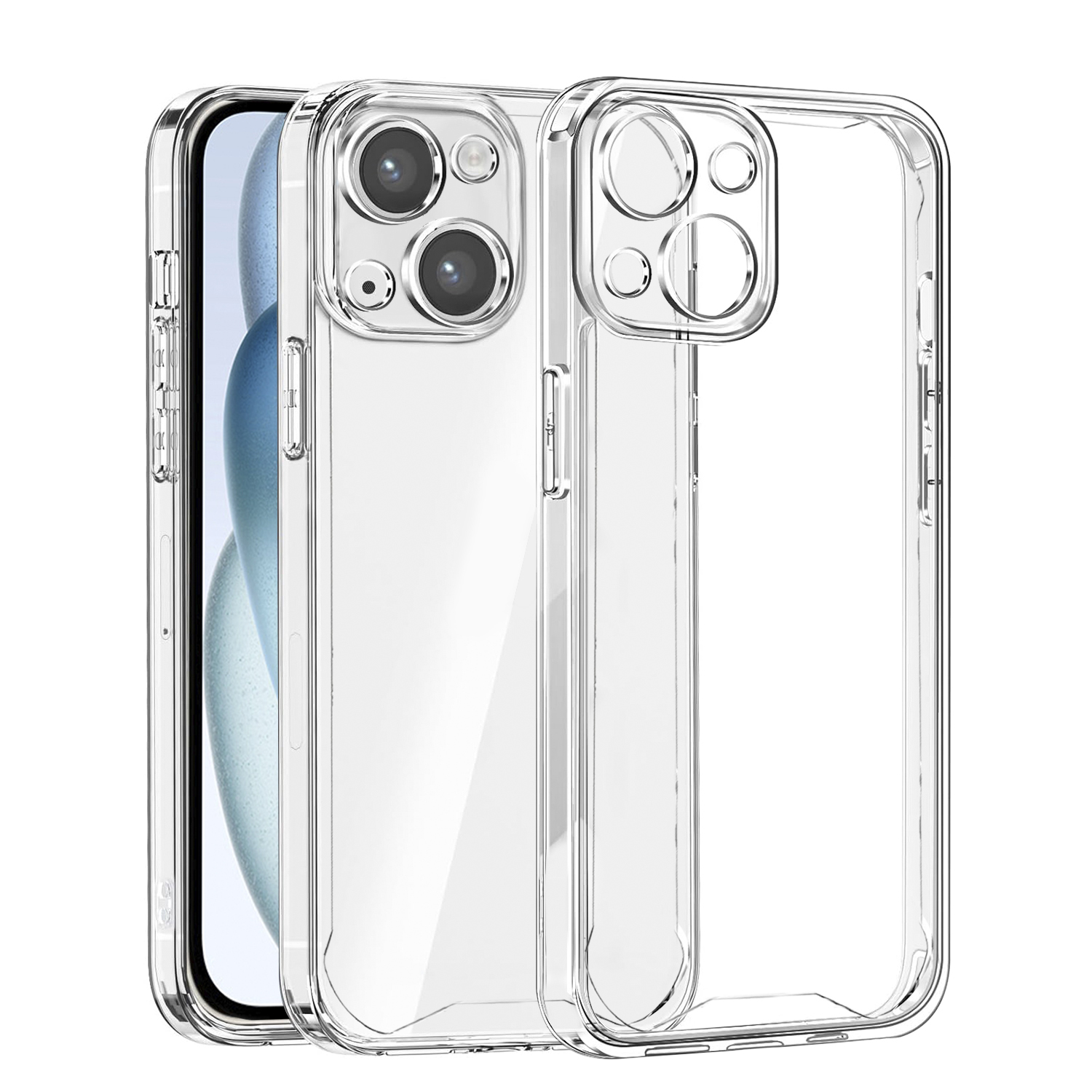 Custodie trasparenti per telefono, una con telefono. Custodie trasparenti. Sfondo bianco.