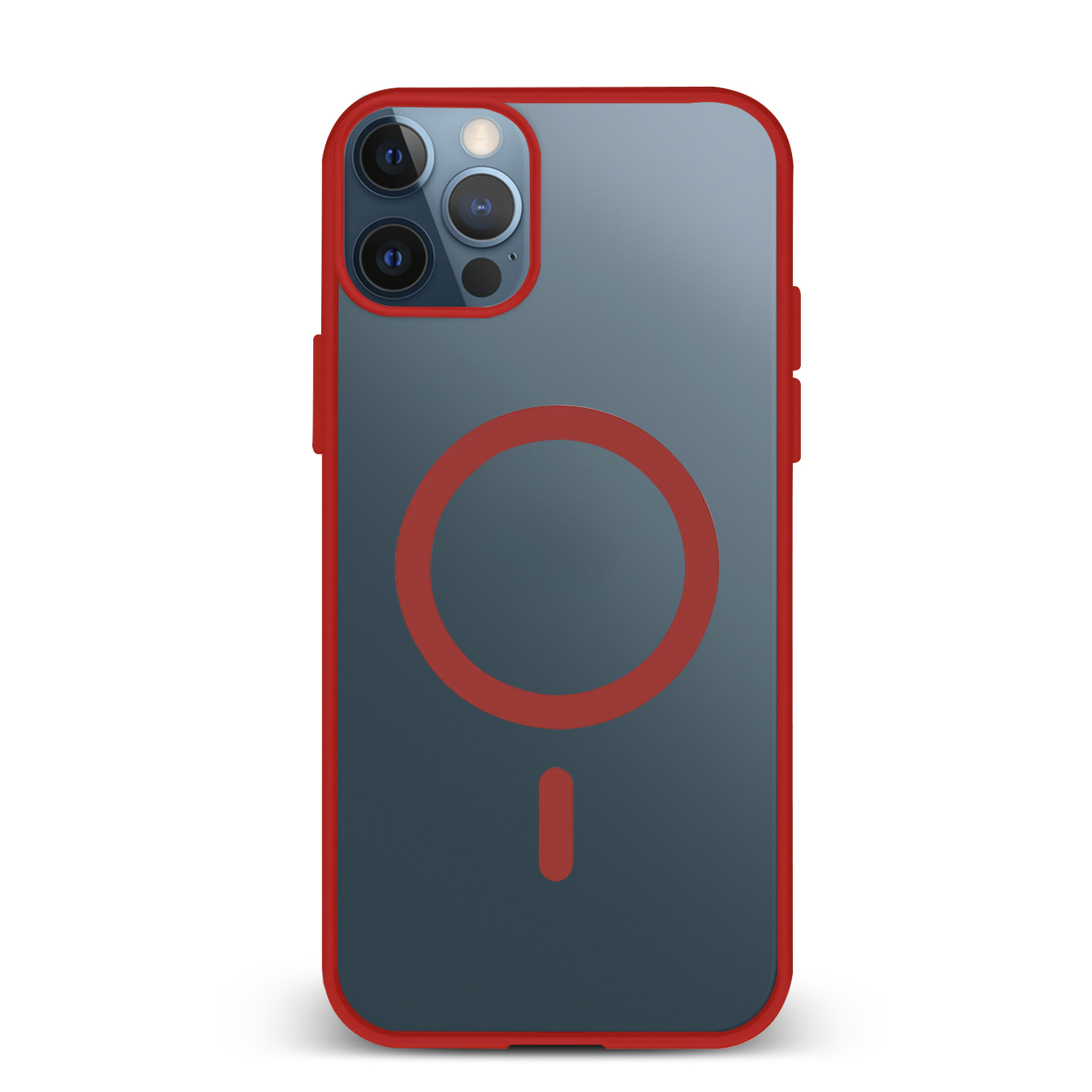 Una custodia per telefono con cornice rossa e retro blu. La custodia ha un cerchio rosso e una linea nera.
