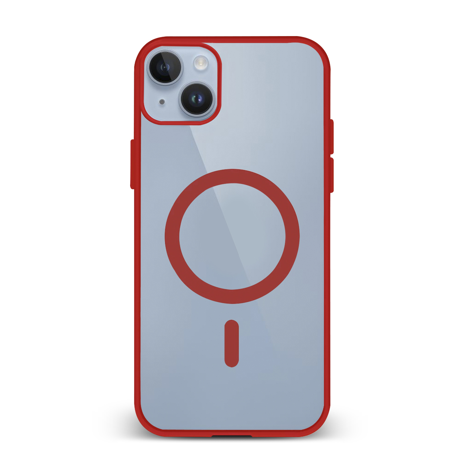 Custodia per telefono con cornice rossa, cerchio e linea rossi su sfondo azzurro.