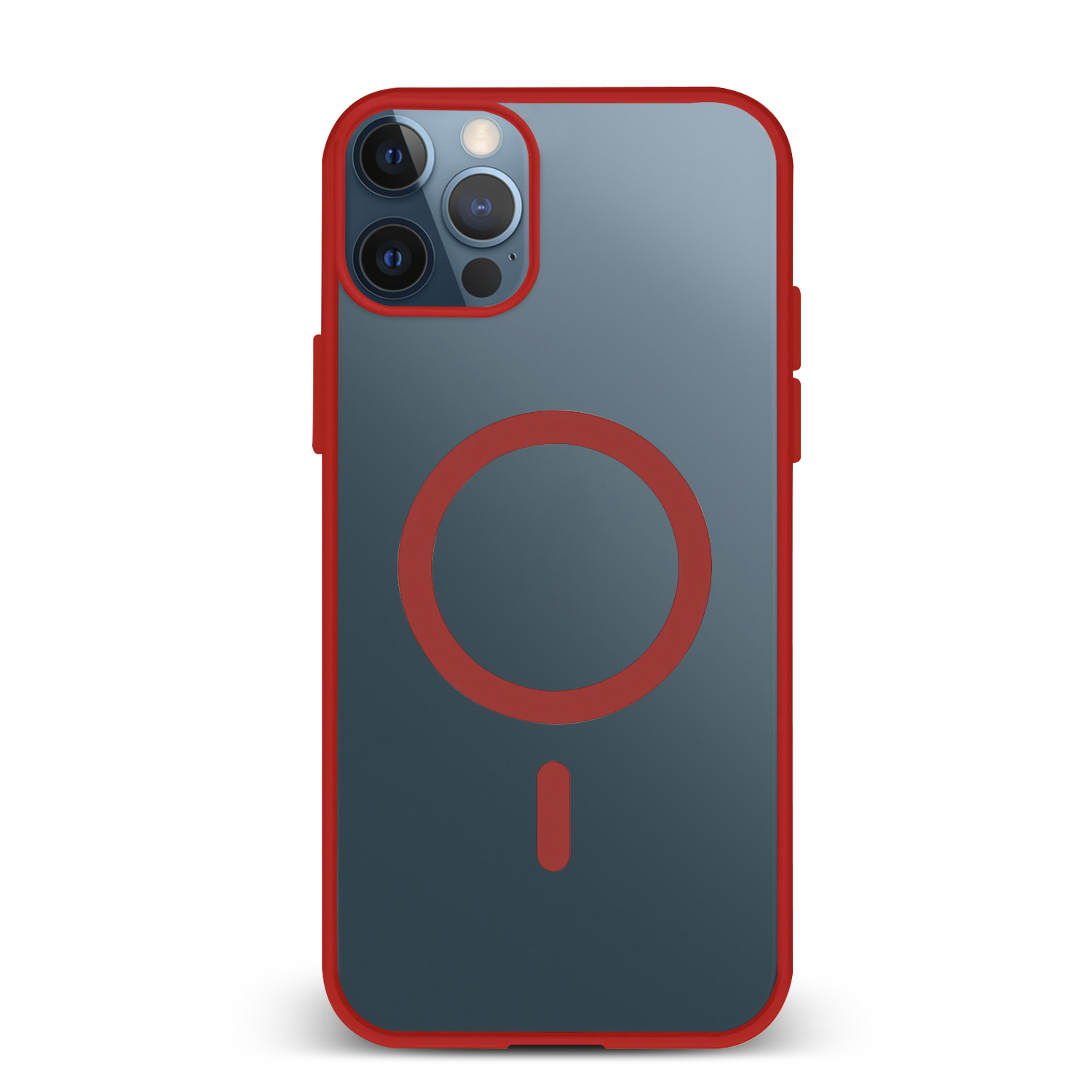 Una custodia blu per telefono con bordo rosso e cerchio rosso sul retro.