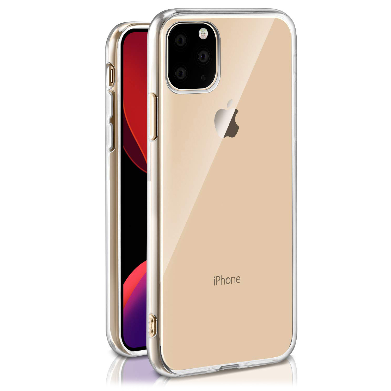 Custodia trasparente su un iPhone dorato con il logo Apple. Le lenti della fotocamera sono visibili.