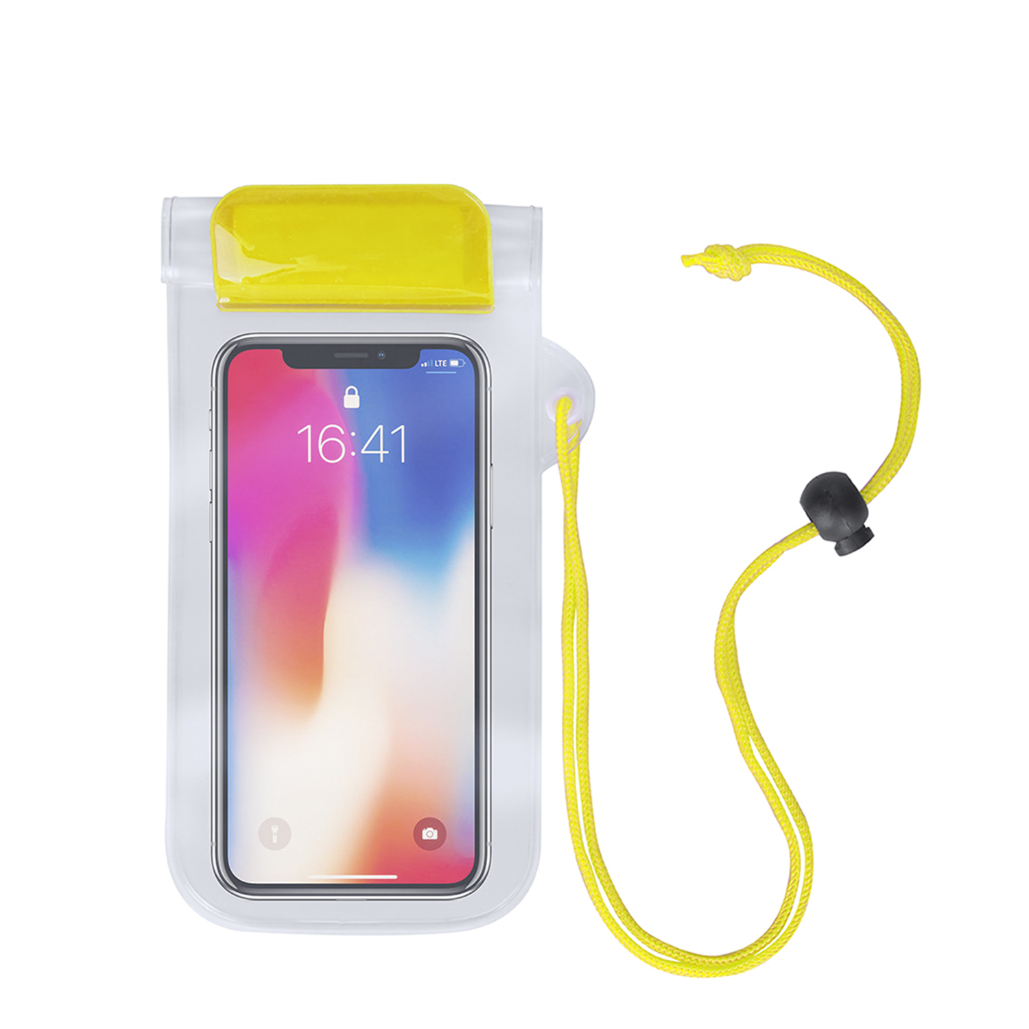 Smartphone in custodia impermeabile trasparente con cinturino giallo, mostra le 16:41.