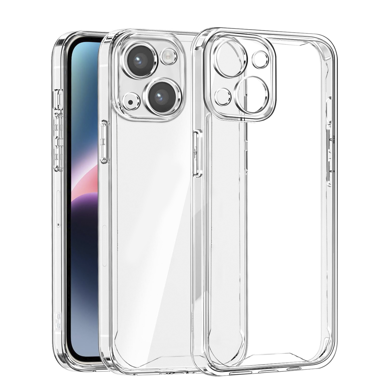 Due custodie trasparenti per iPhone con un iPhone all'interno. Le custodie sono trasparenti.