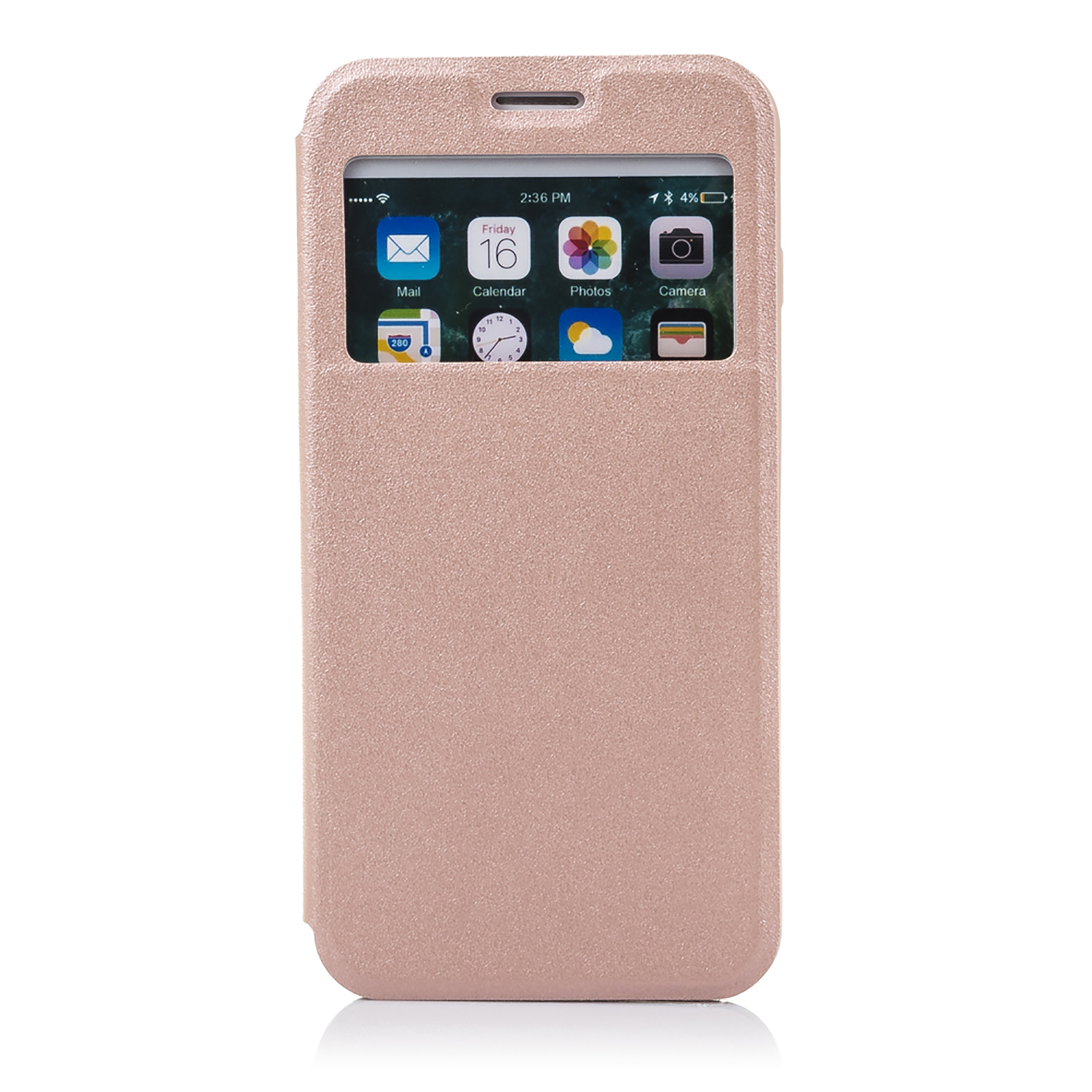 Custodia per telefono rosa con una finestra che mostra lo schermo del telefono con icone delle app.