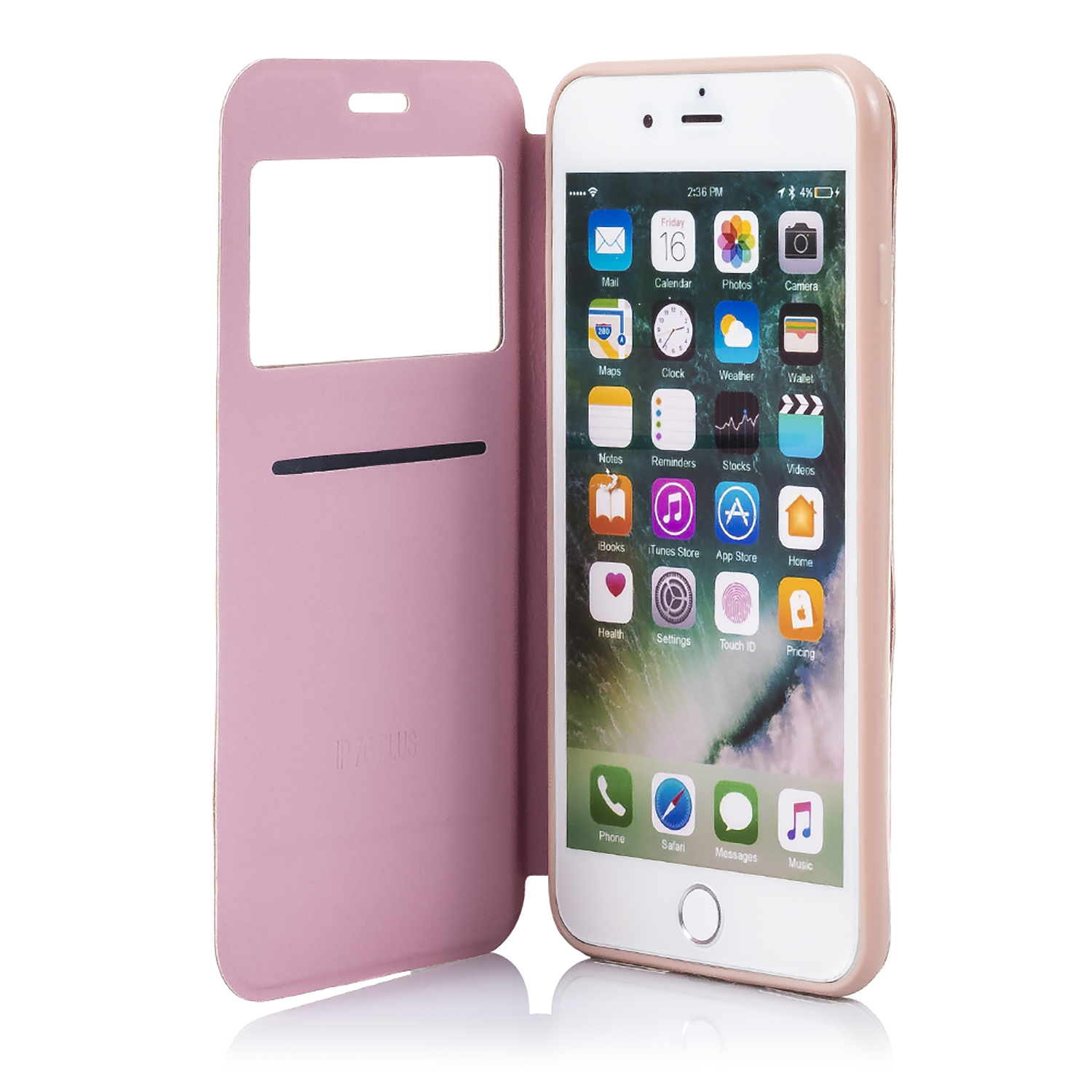 Una custodia rosa per telefono aperta, che rivela un telefono con uno schermo di app.