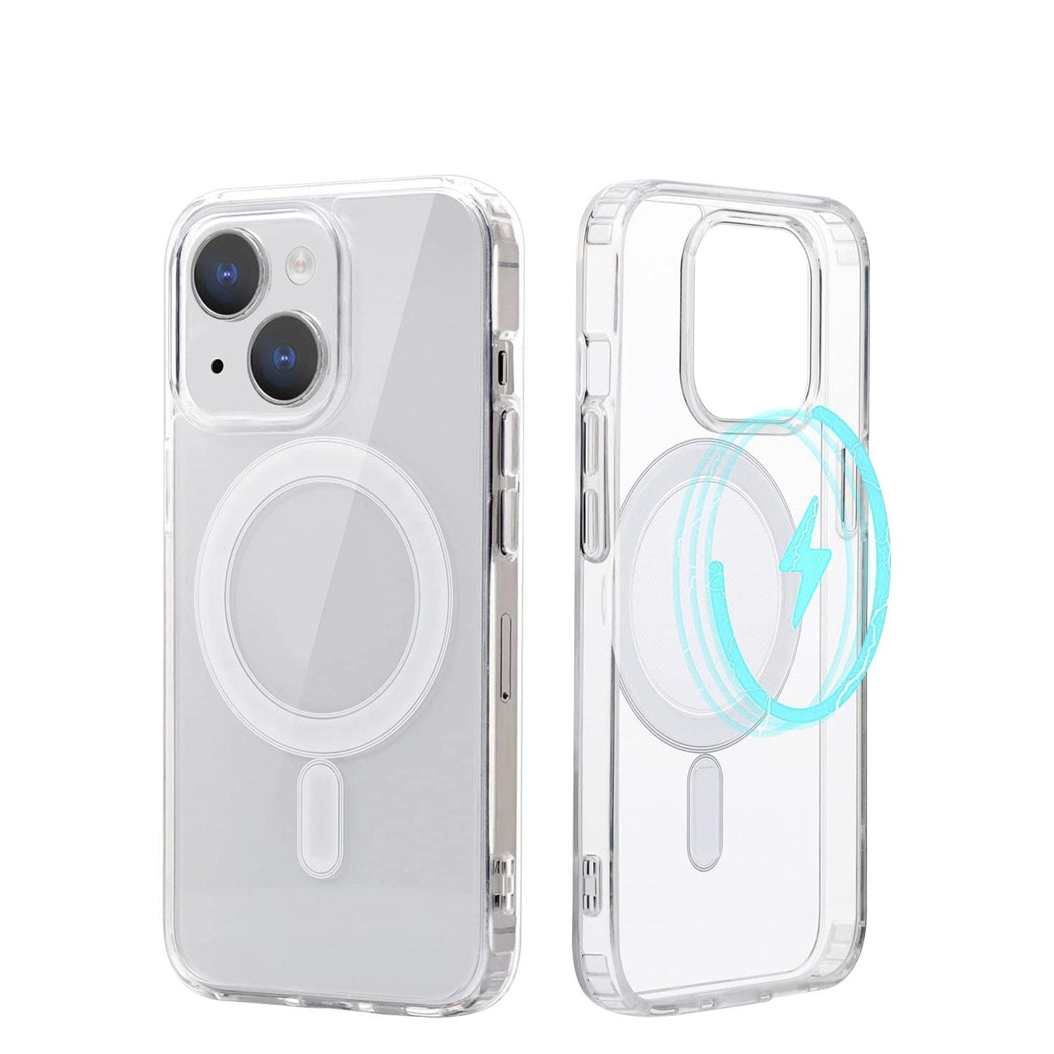 Due custodie trasparenti per telefono con anello magnetico, che mostrano le viste posteriore e laterale.