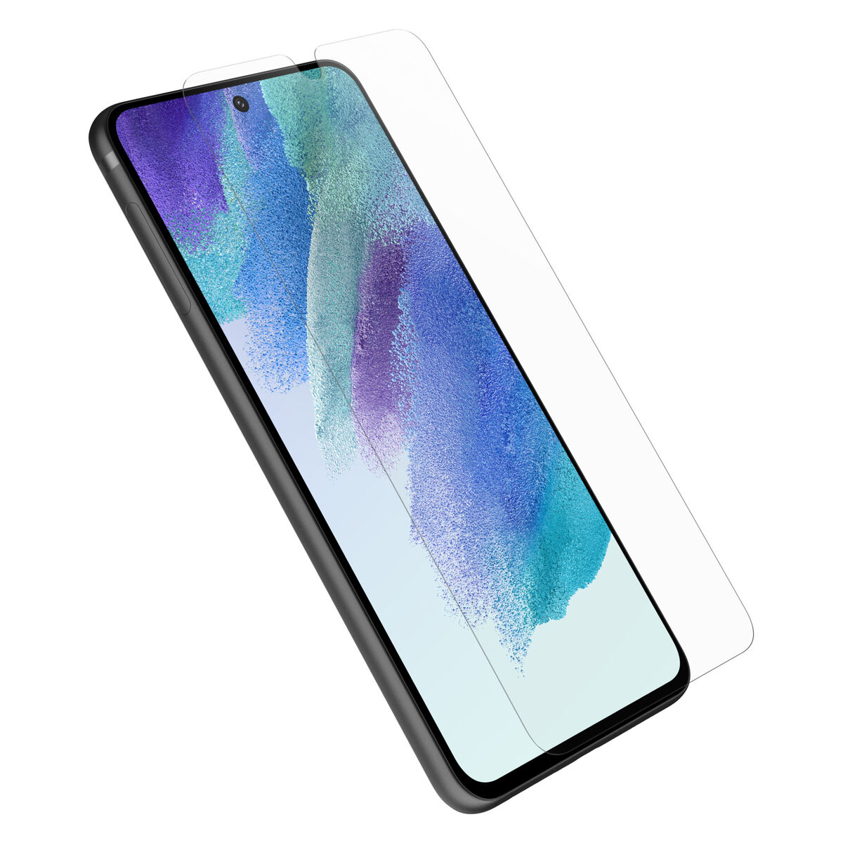 Smartphone negro con protector de pantalla aplicado y un protector de pantalla transparente al lado.