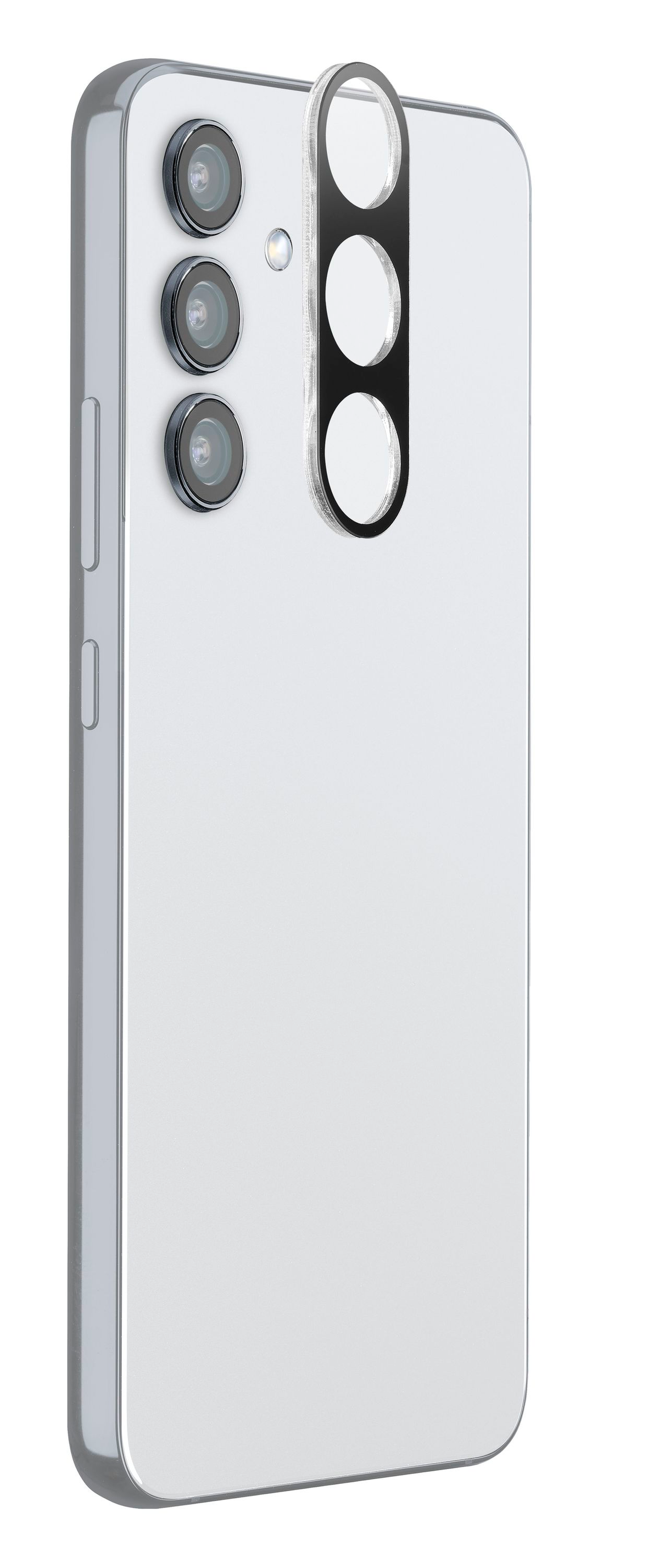 Telefono bianco, vista posteriore. Tre fotocamere in fila verticale. Sfondo bianco.