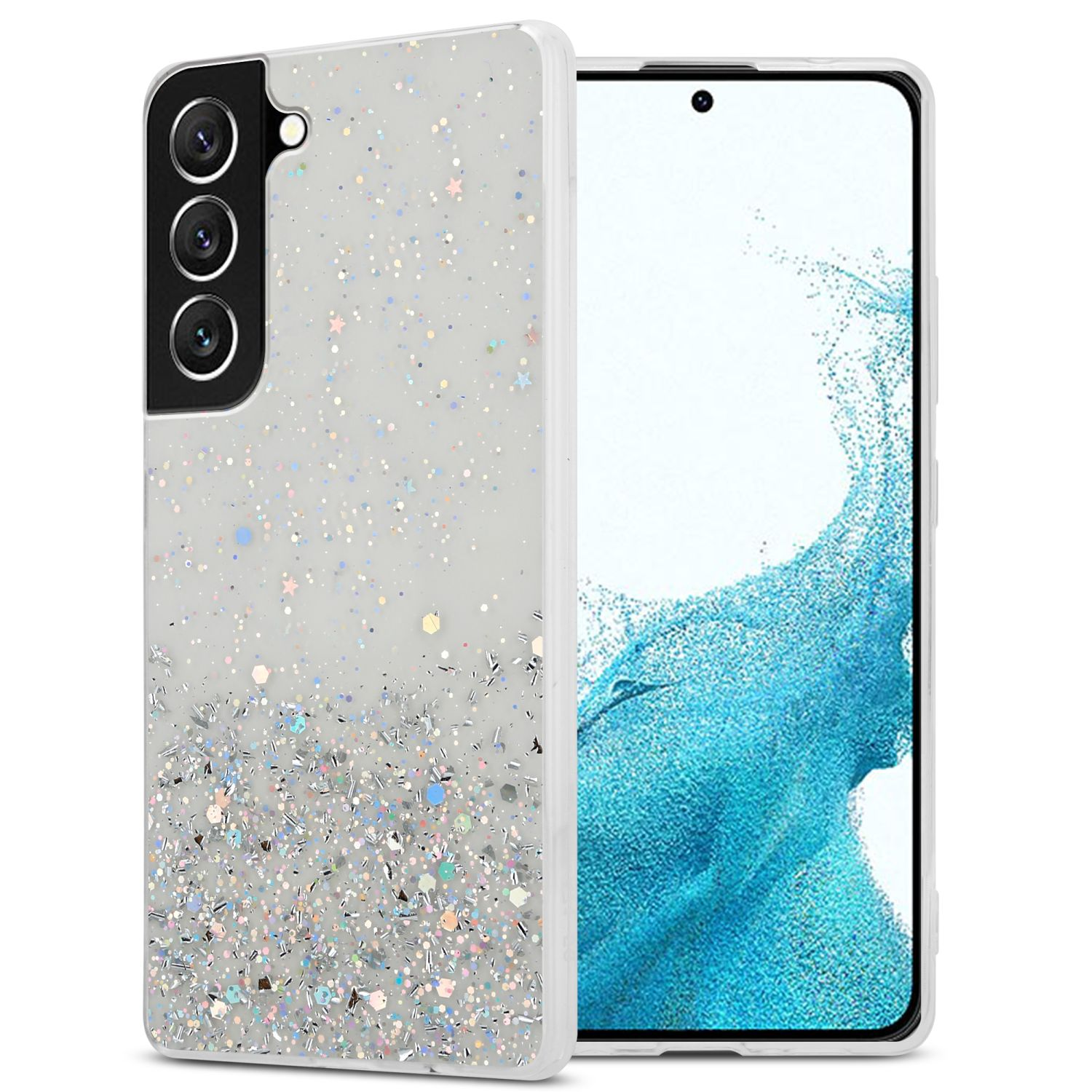 Un telefono in una custodia glitterata. La custodia è bianca con glitter e il telefono ha tre fotocamere.