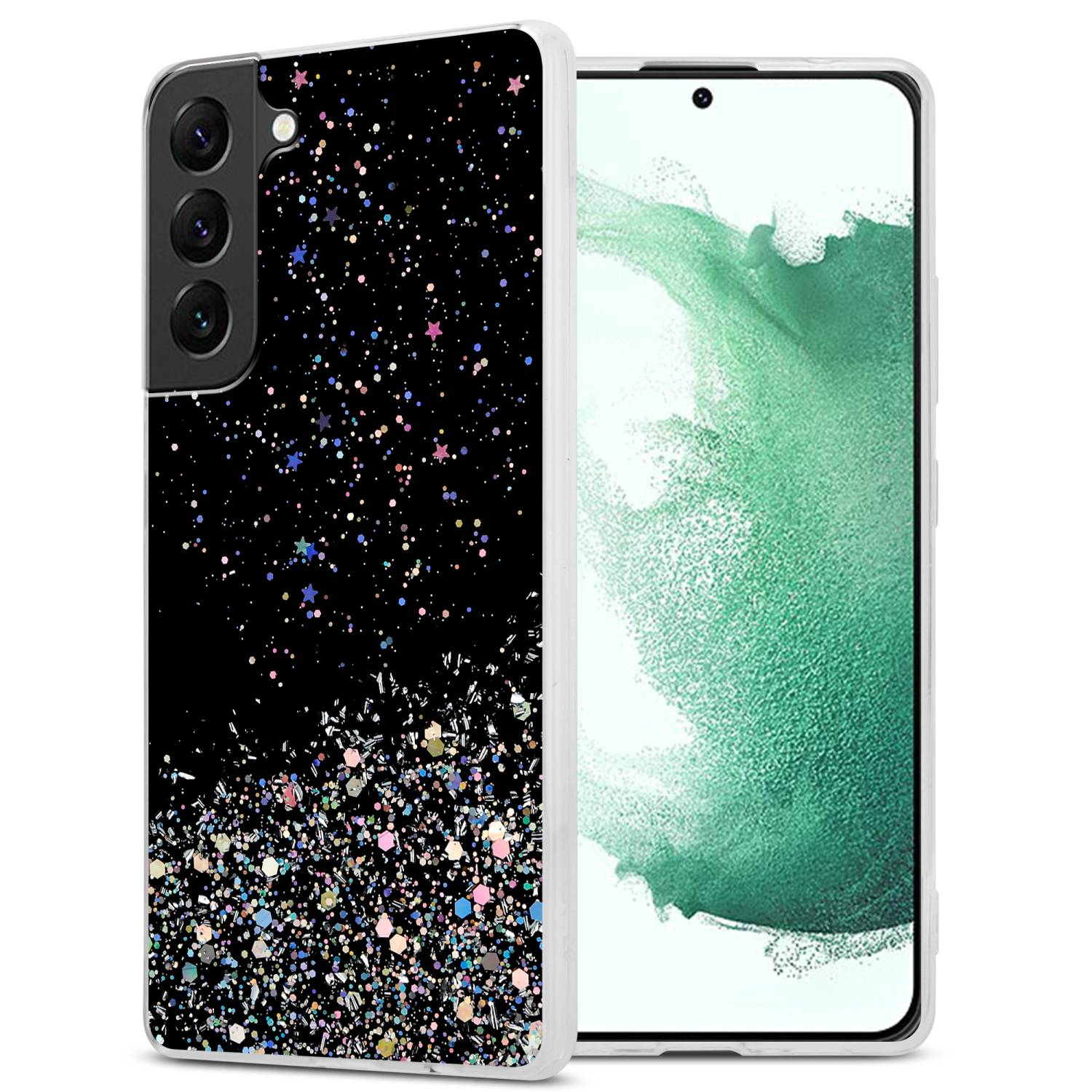 Un telefono nero con una custodia nera glitterata con brillantini colorati. Su sfondo bianco.