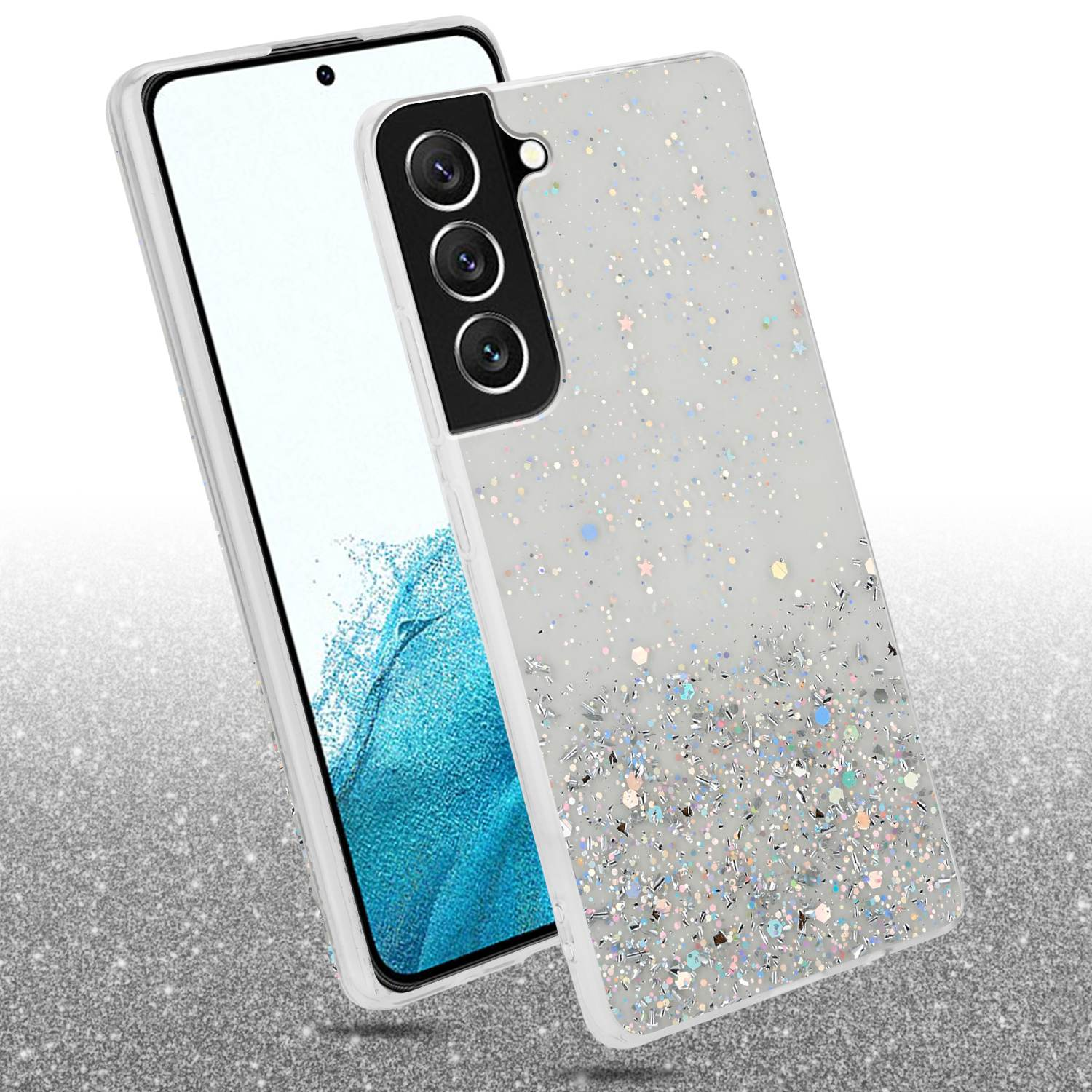 Custodia per telefono glitterata con telefono all'interno. Il telefono ha tre fotocamere.