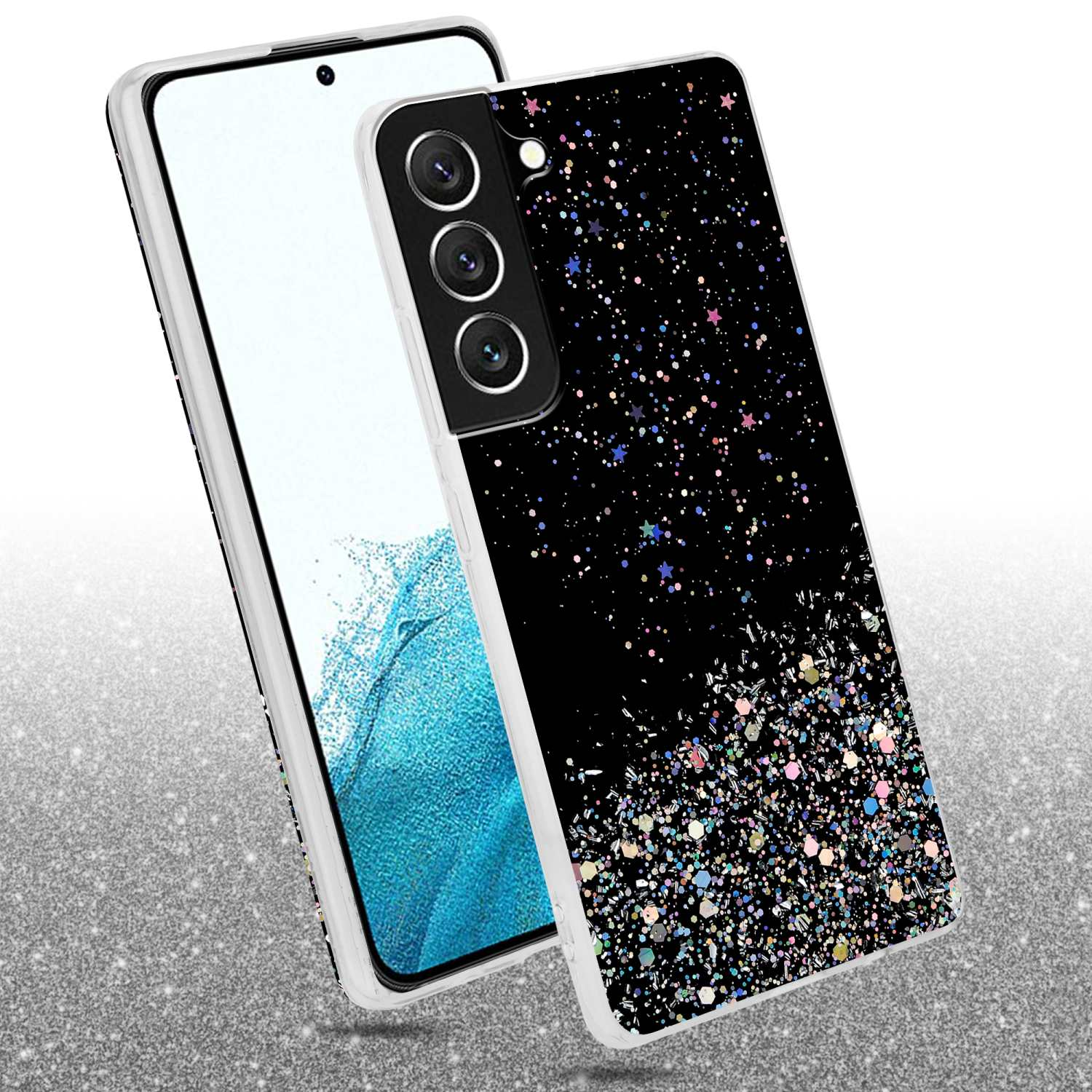 Custodia nera per telefono con un design glitterato. Presenta tre ritagli per la fotocamera. Sfondo bianco.