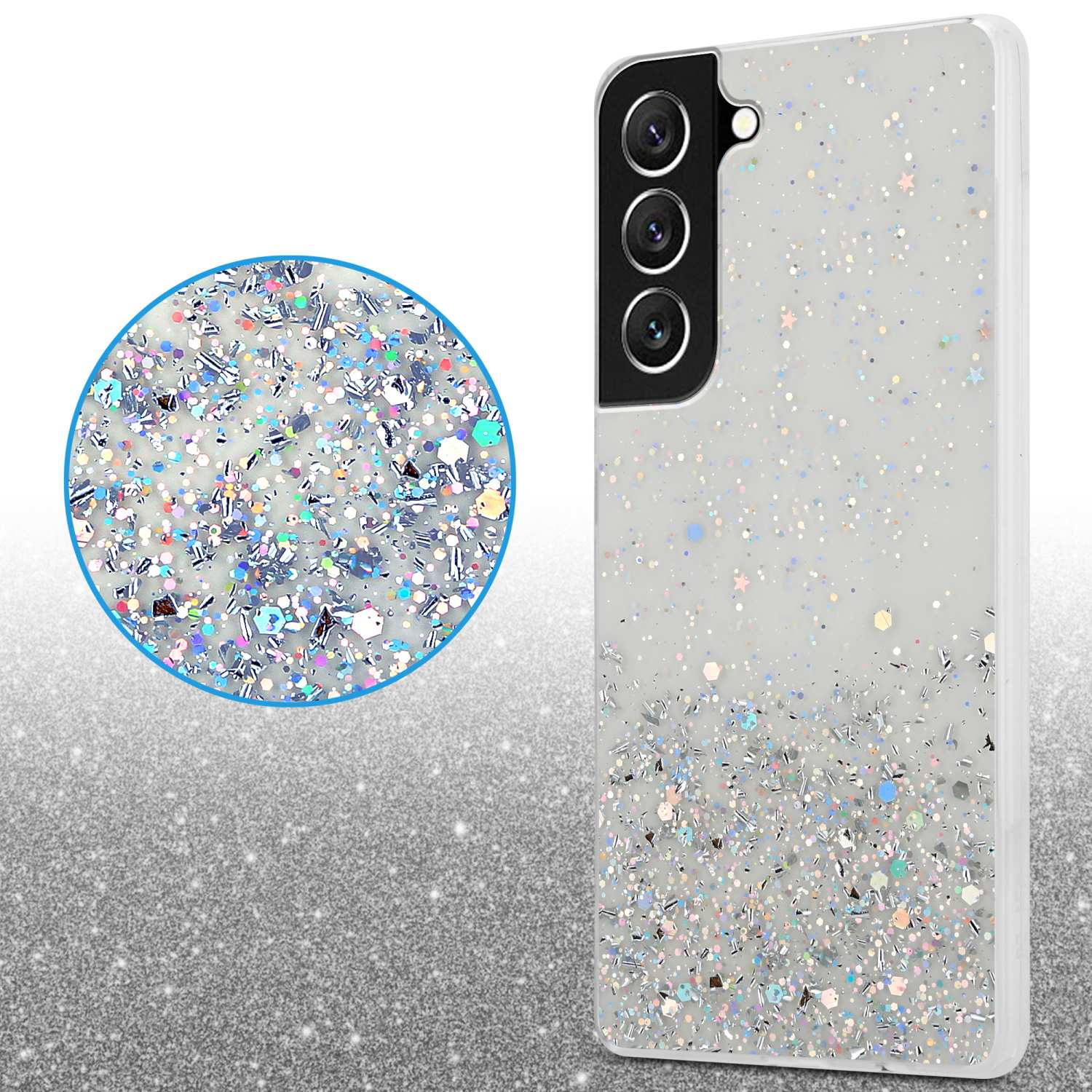 Custodia per telefono con glitter. Un primo piano mostra i glitter. Lo sfondo è glitterato.