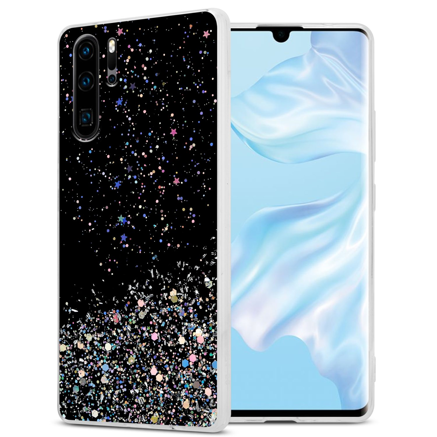 Telefon mit schwarzer Glitzerhülle. Telefon zeigt hellblauen Bildschirm. Weißer Hintergrund.