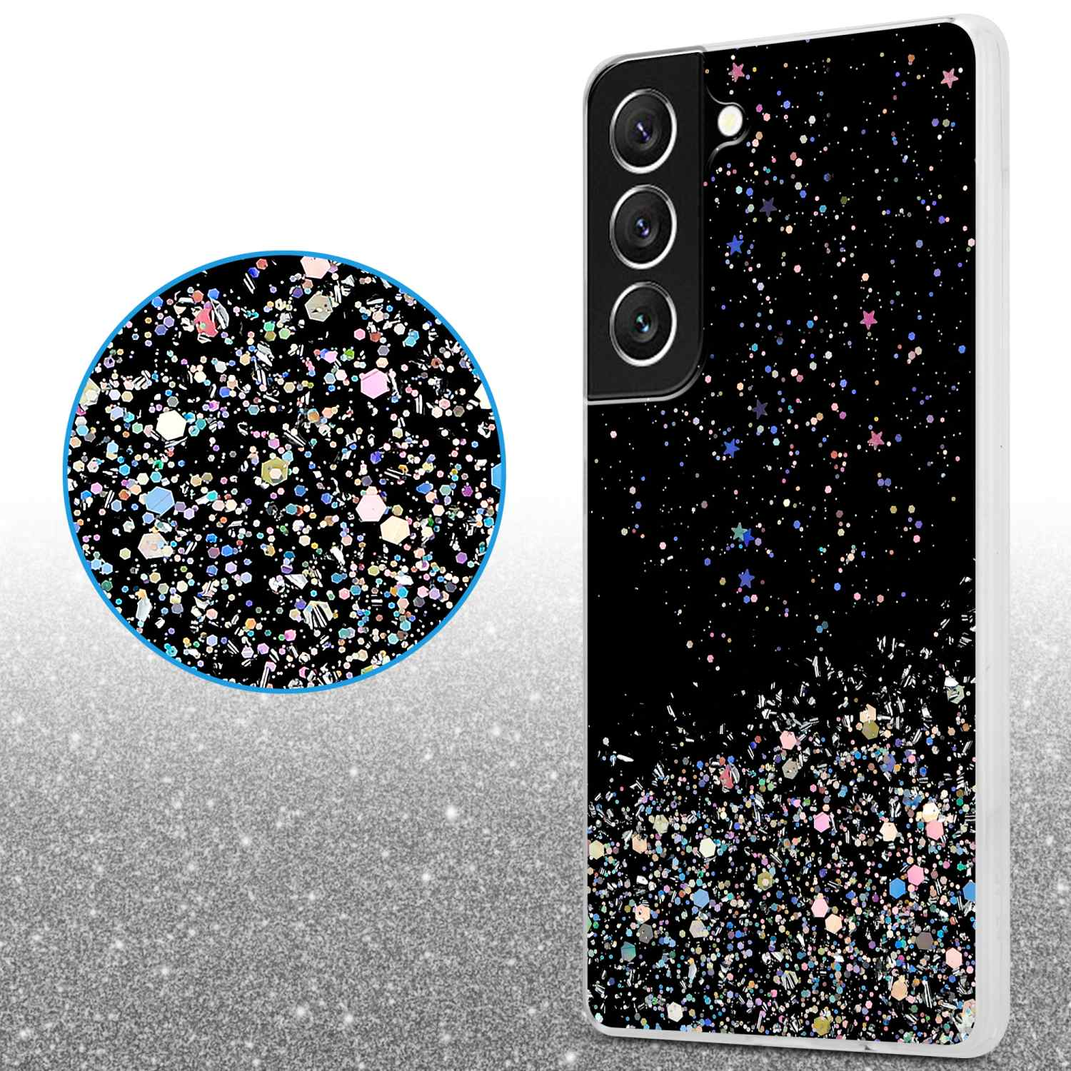 Custodia per telefono con design glitterato, sfondo nero. Vista ravvicinata del glitter.