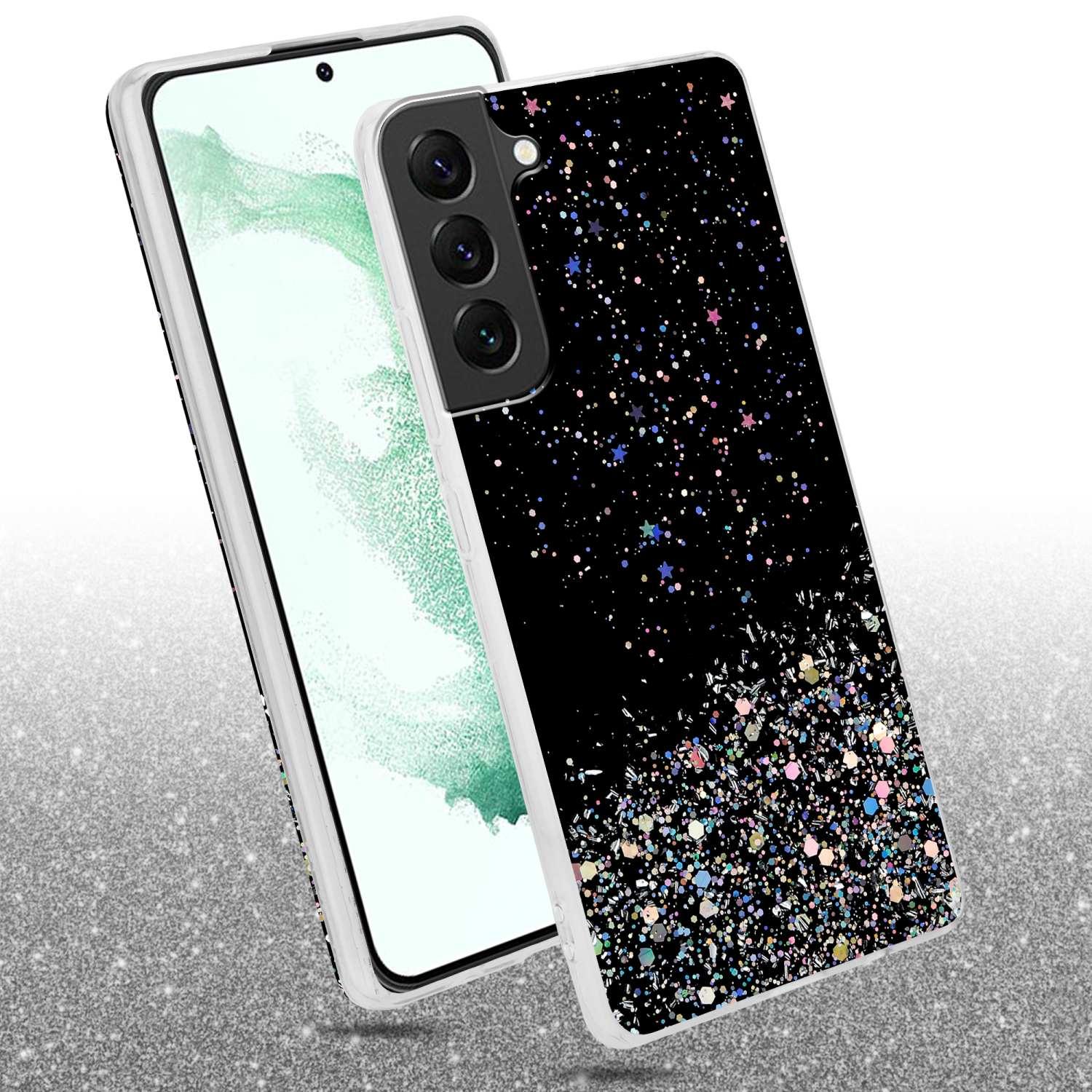Telefono con custodia glitterata, con parte superiore nera e inferiore colorata.
