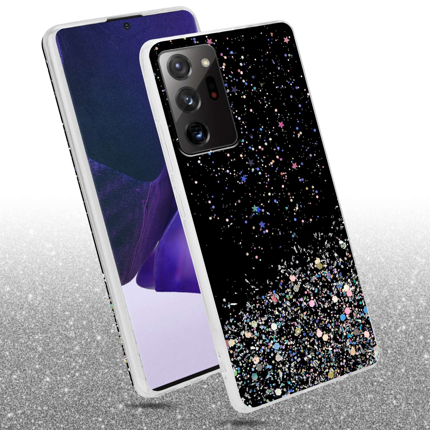 Schwarzes Telefon mit Glitzerhülle. Glitzer ist schwarz, rosa und blau. Weißer Hintergrund.
