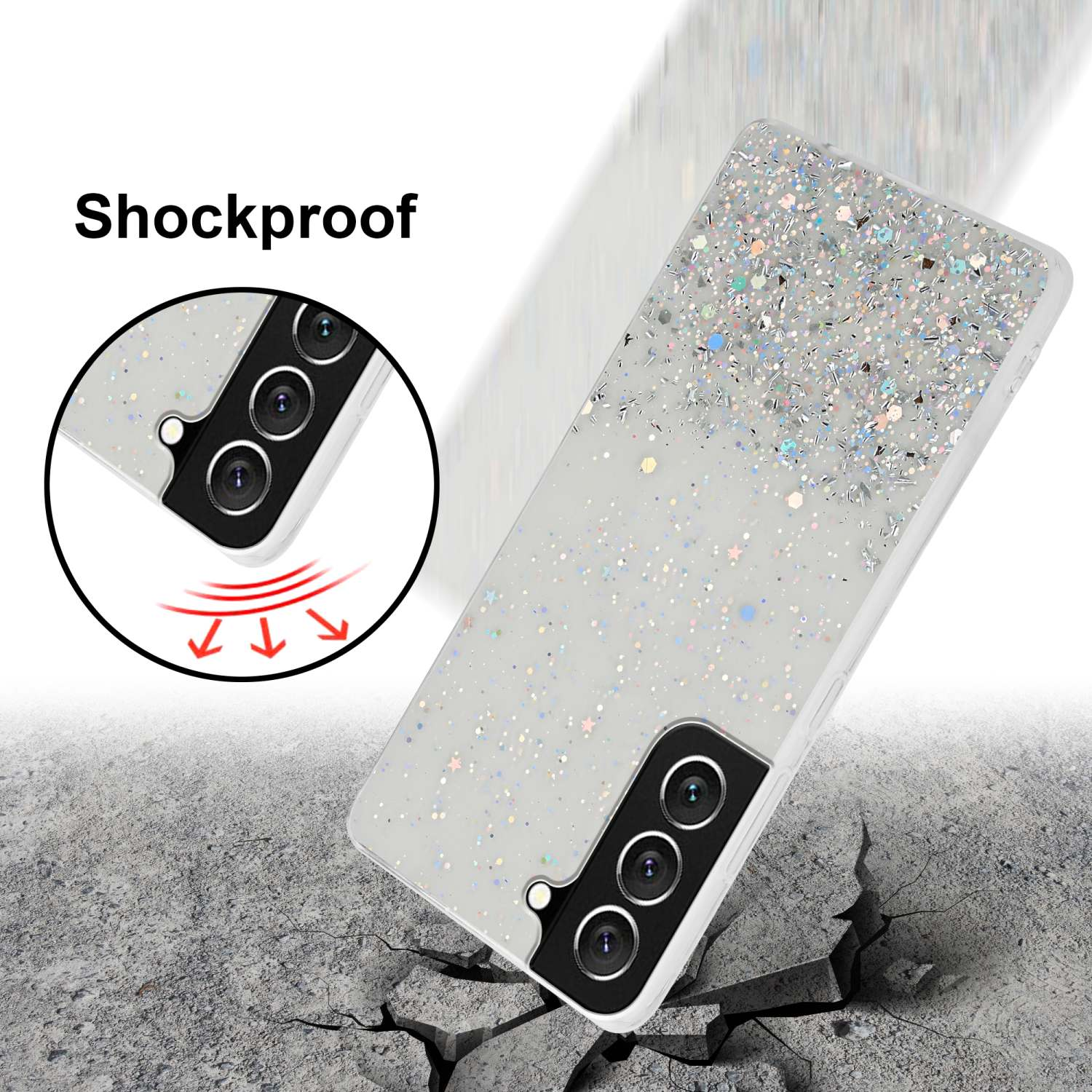 Custodia glitterata per telefono con un telefono su una superficie in procinto di cadere.