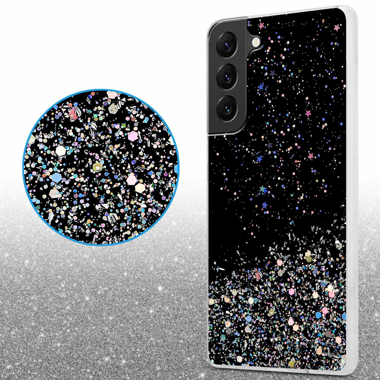 Custodia per telefono con design glitterato sul retro. Obiettivi della fotocamera visibili.