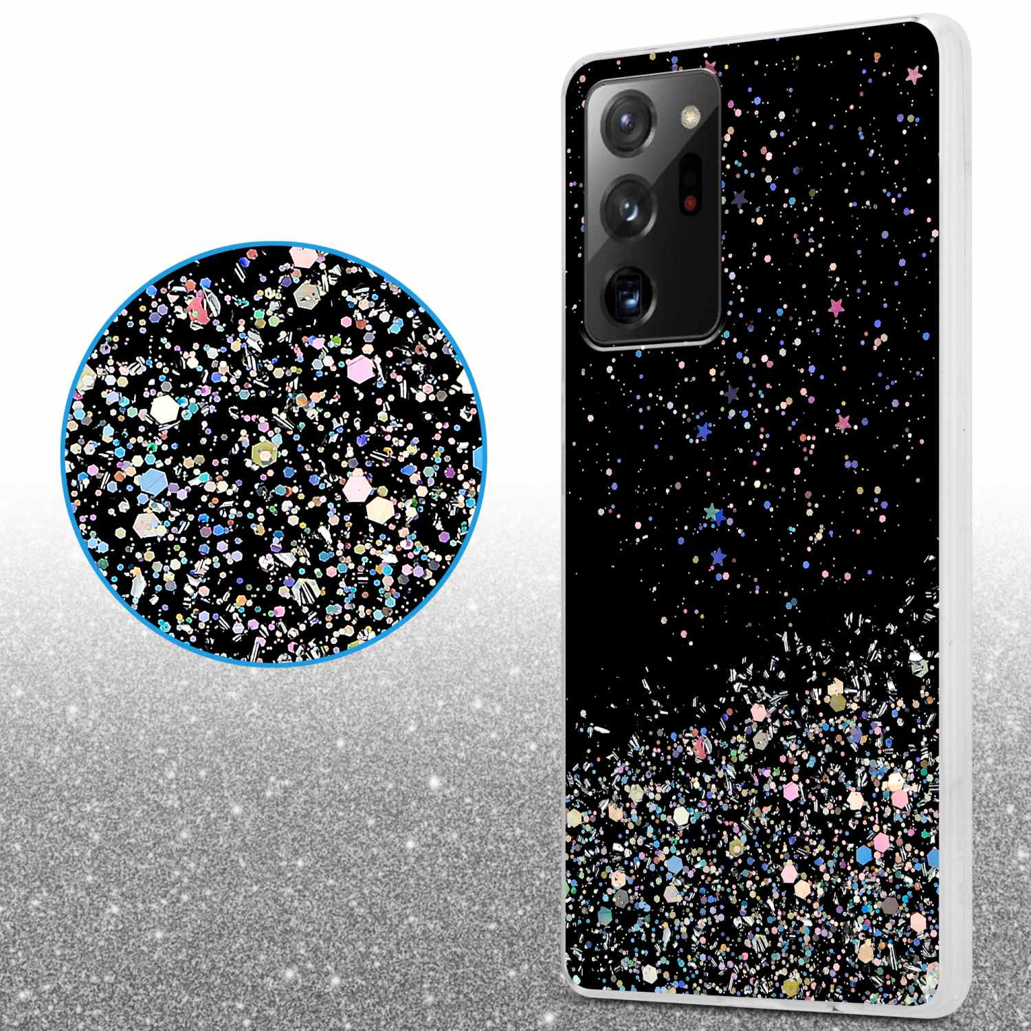 Eine Handyhülle mit schwarzem Glitzerdesign und Nahaufnahme des Glitzers. Das Telefon liegt auf glänzender Oberfläche.