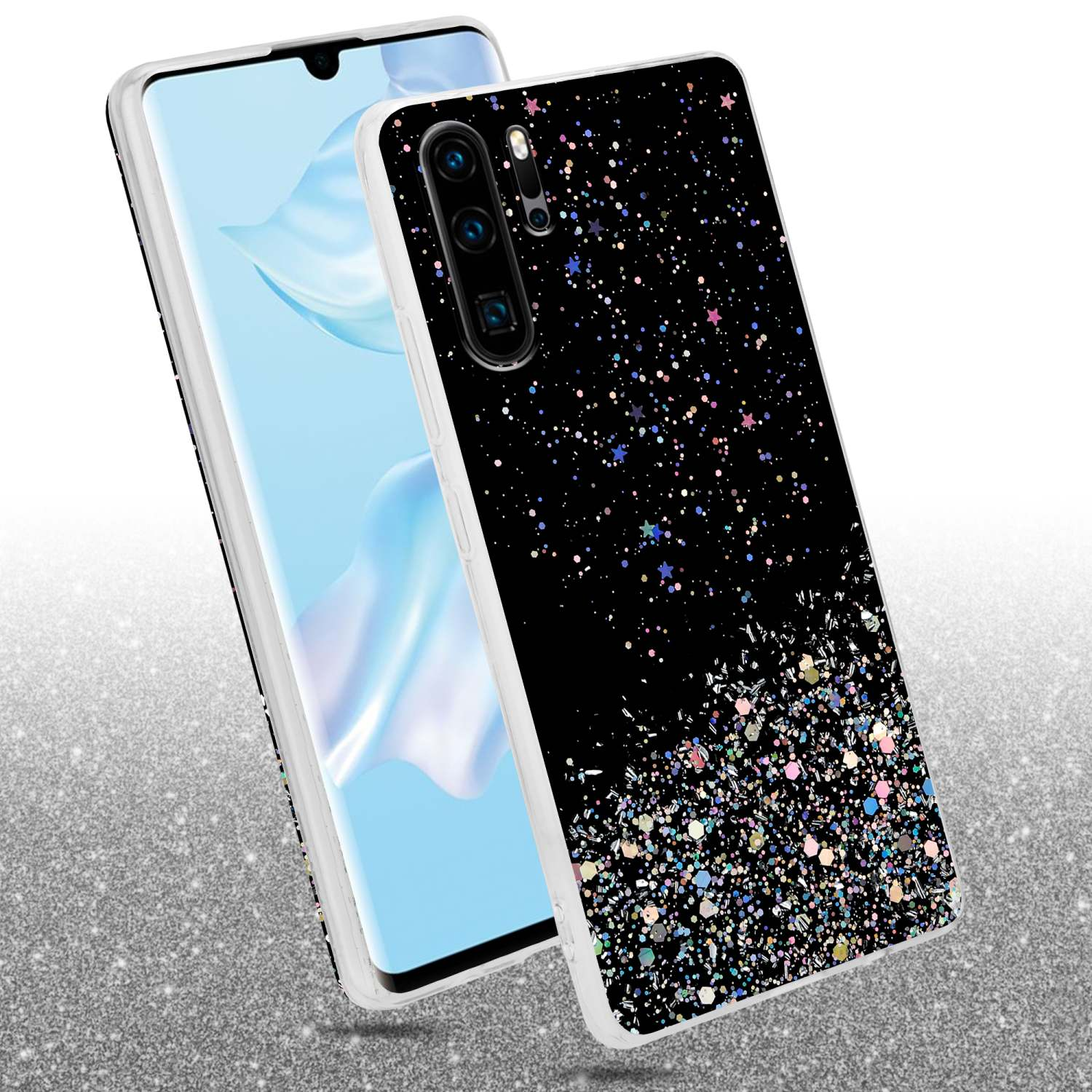 Ein Smartphone mit schwarzer und glitzernder Hülle. Das Telefon ist abgewinkelt, heller grauer Hintergrund.
